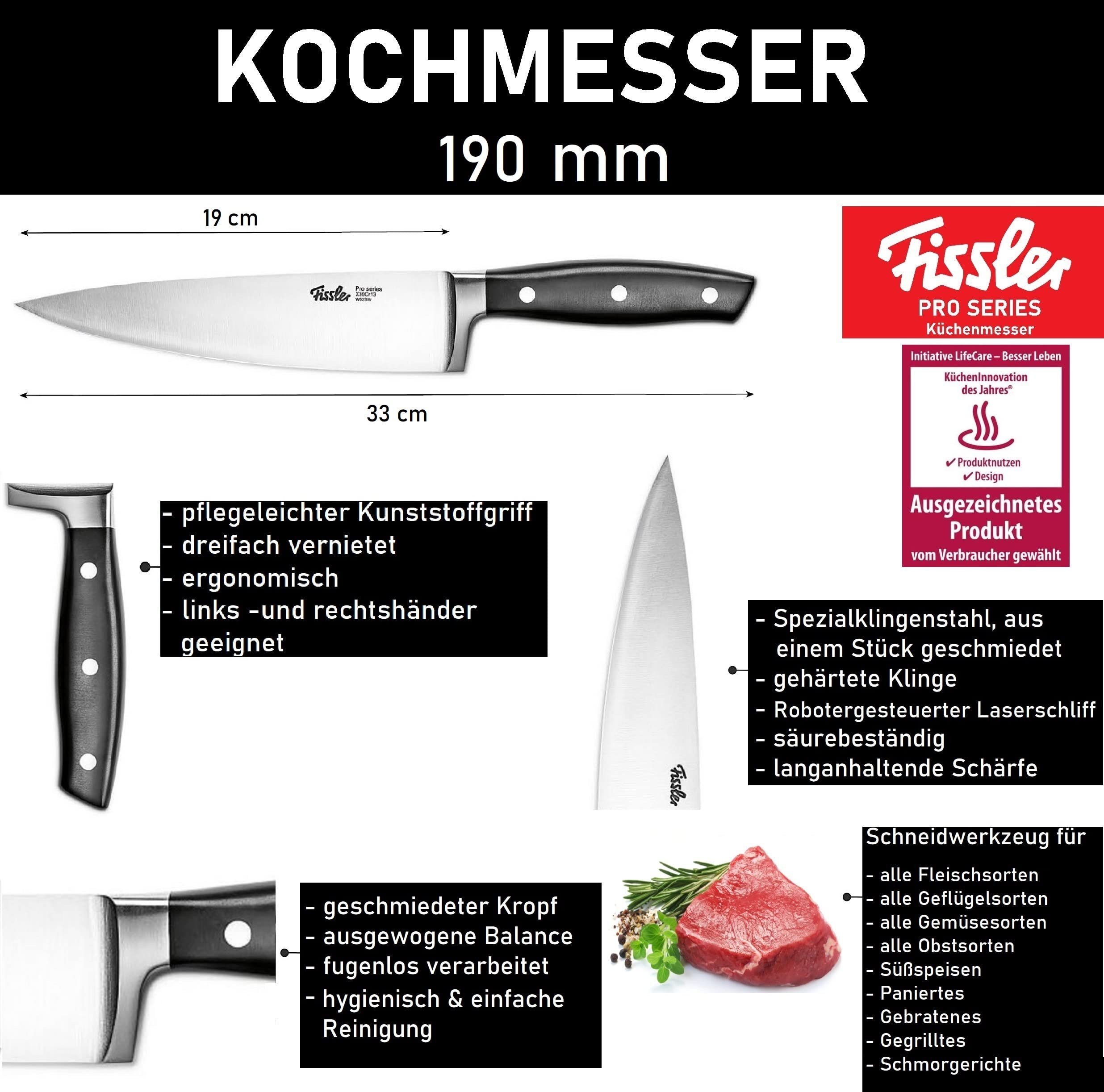 Fissler Kochmesser Profi 190mm Edelstahl Küchenmesser, gehärtete Klinge, Fleischmesser, Chefmesser, Fleischermesser, Kochmesser, Sushimesser, Santoku messer
