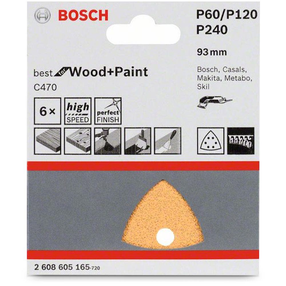 Lixa BOSCH Delta 93 mm, cores mistas, com 6 furos para velcro, para madeira e tinta C470 – 5 unidades