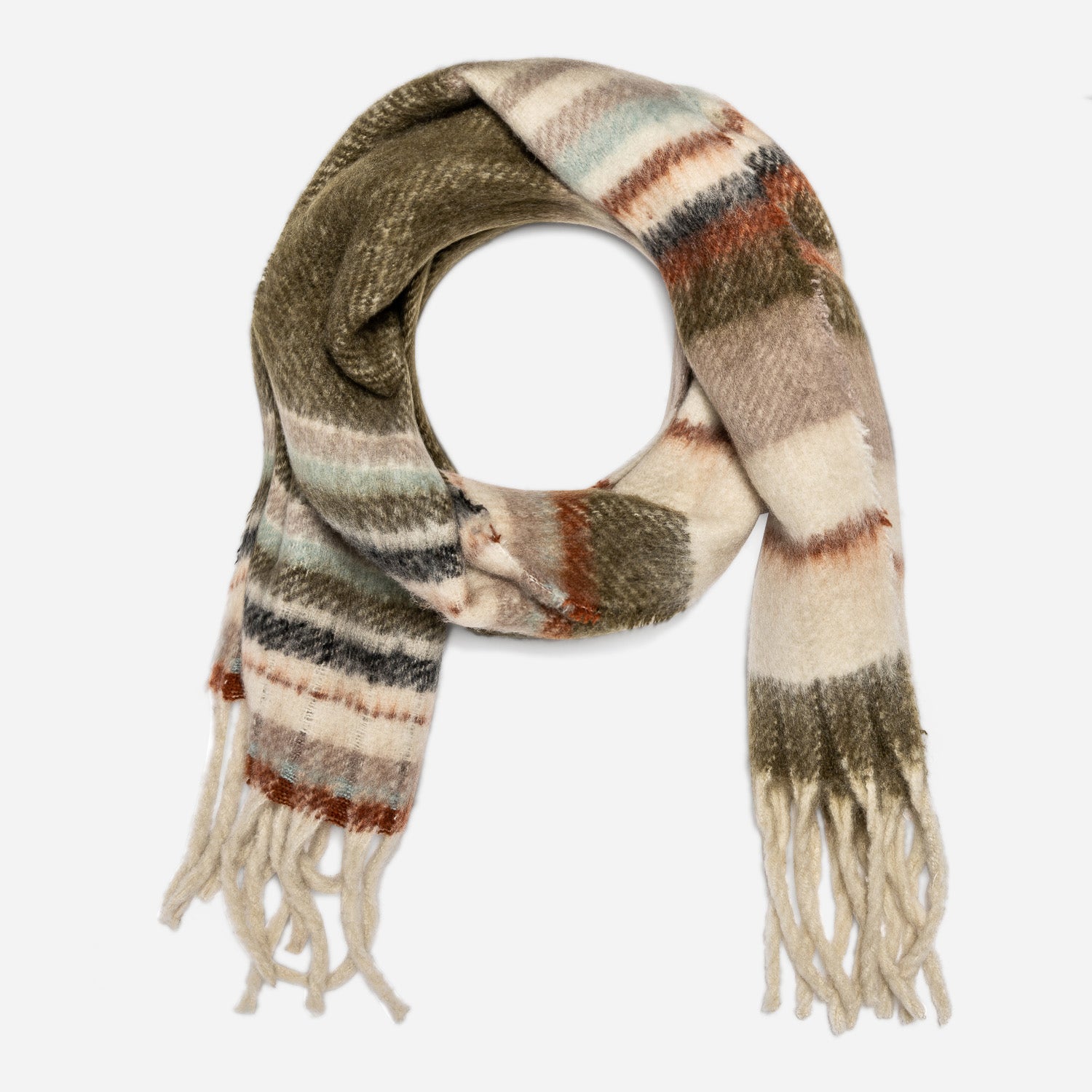 Echarpe kaki, beige, taupe à rayures