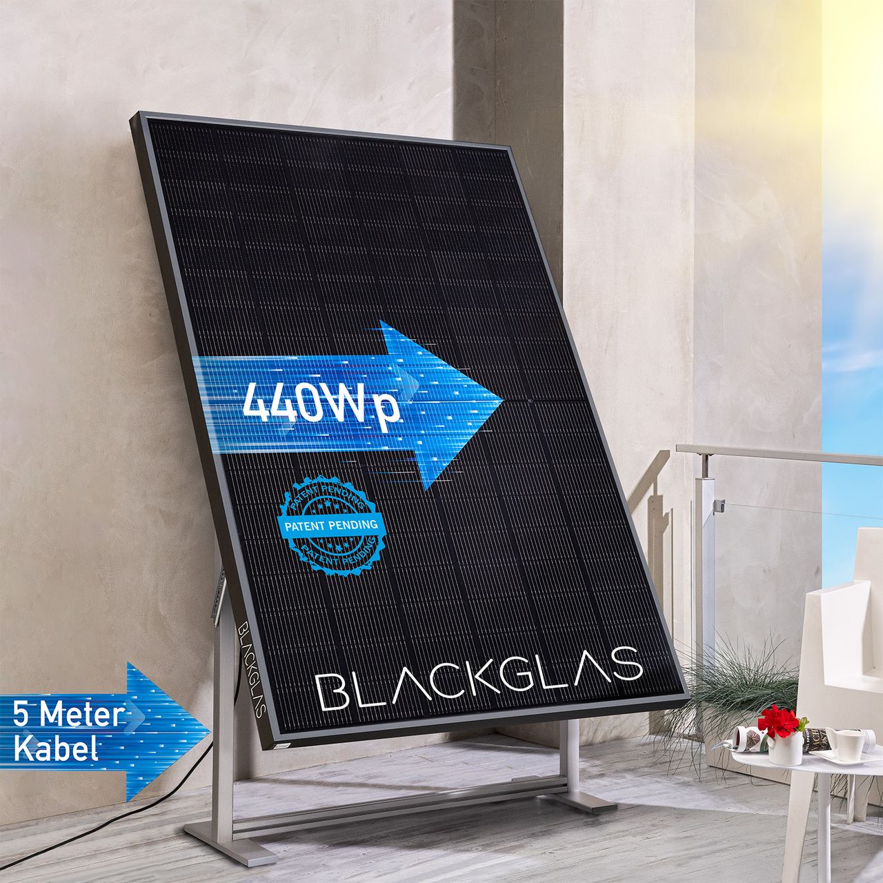 BLACKGLAS SolarScreen ECOelegance-440Wp-FBGG-SW Bifacial, 7-stufig verstellbar, 60mm schwarzer Alu-Rahmen BKW