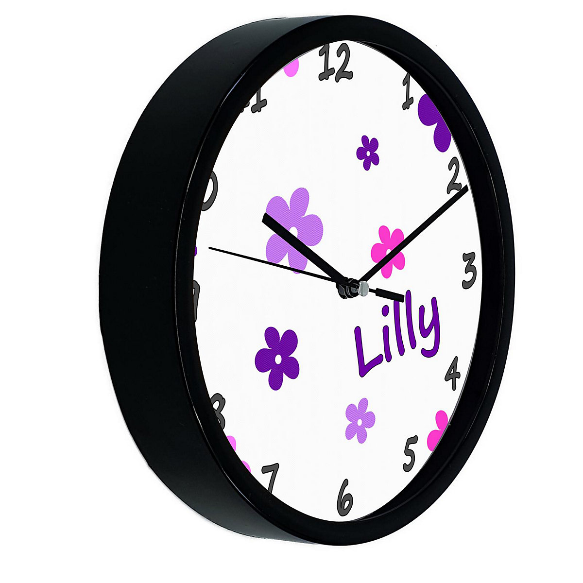 Kinder Wanduhr personalisiert mit Name Blumen Pink-Lila