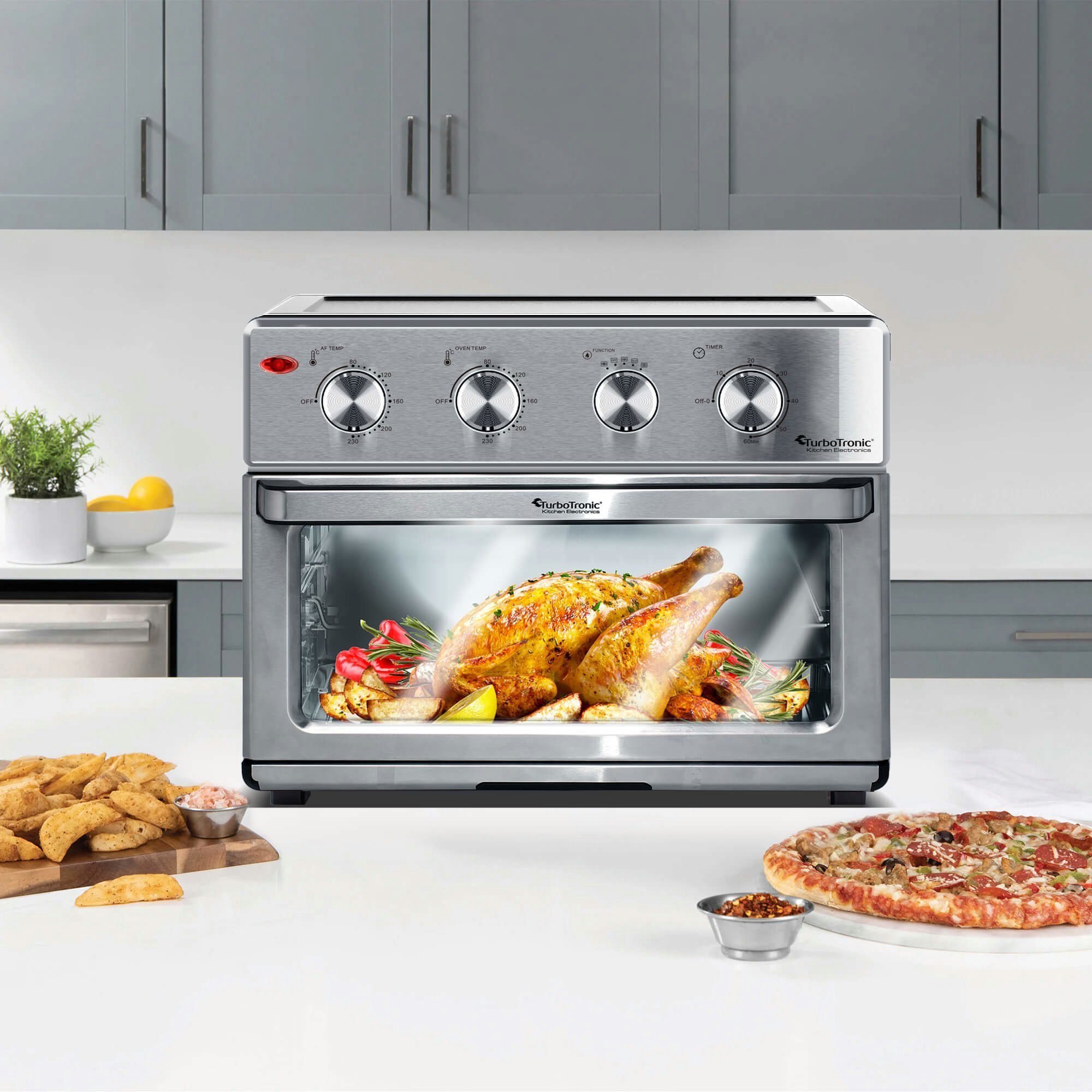 TurboTronic by Z-Line Minibackofen XXL 32 Liter mit Drehspieß für Hähnchen 4in1 Mini Backofen, Power Heißluftfritteuse Airfryer ab 80°C AF32MRD silber