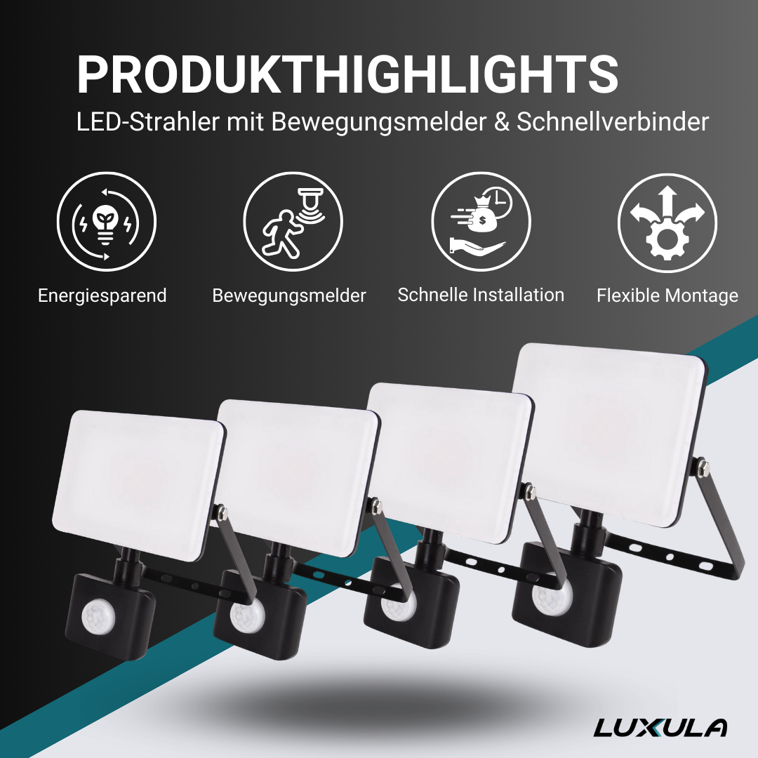 LUXULA LED-Fluter mit Schnellverbinder & Bewegungsmelder, white cover, 50 W, 4000 K (neutralweiß)