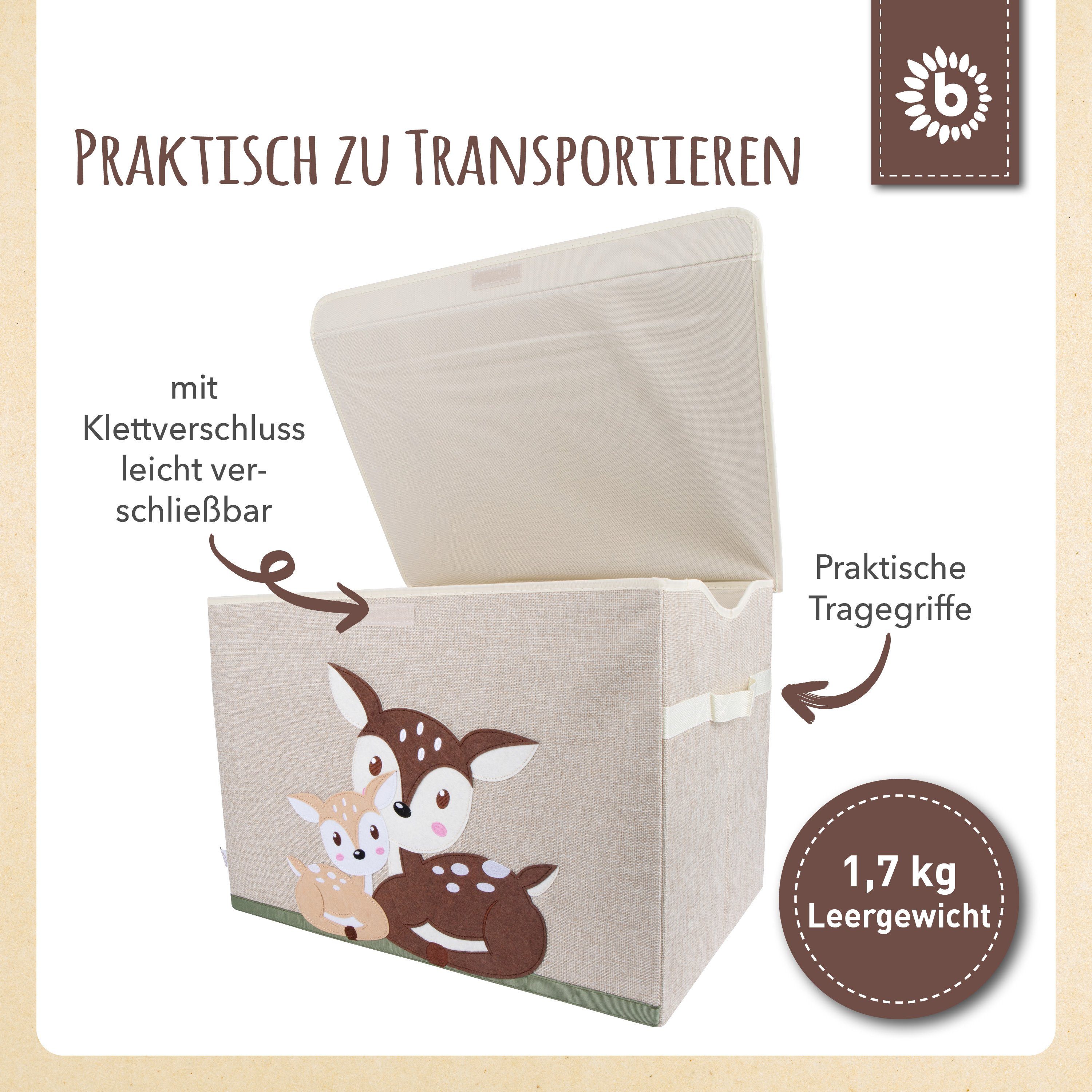 BIECO Spielzeugtruhe Bieco Aufbewahrungsbox mit Deckel 65L faltbar ca. 36x36x51cm Spielzeugkiste mit Deckel Aufbewahrungsbox Kinder Kisten mit Deckel Aufbewahrungsbox Groß Wickeltisch Organizer Reh Motiv