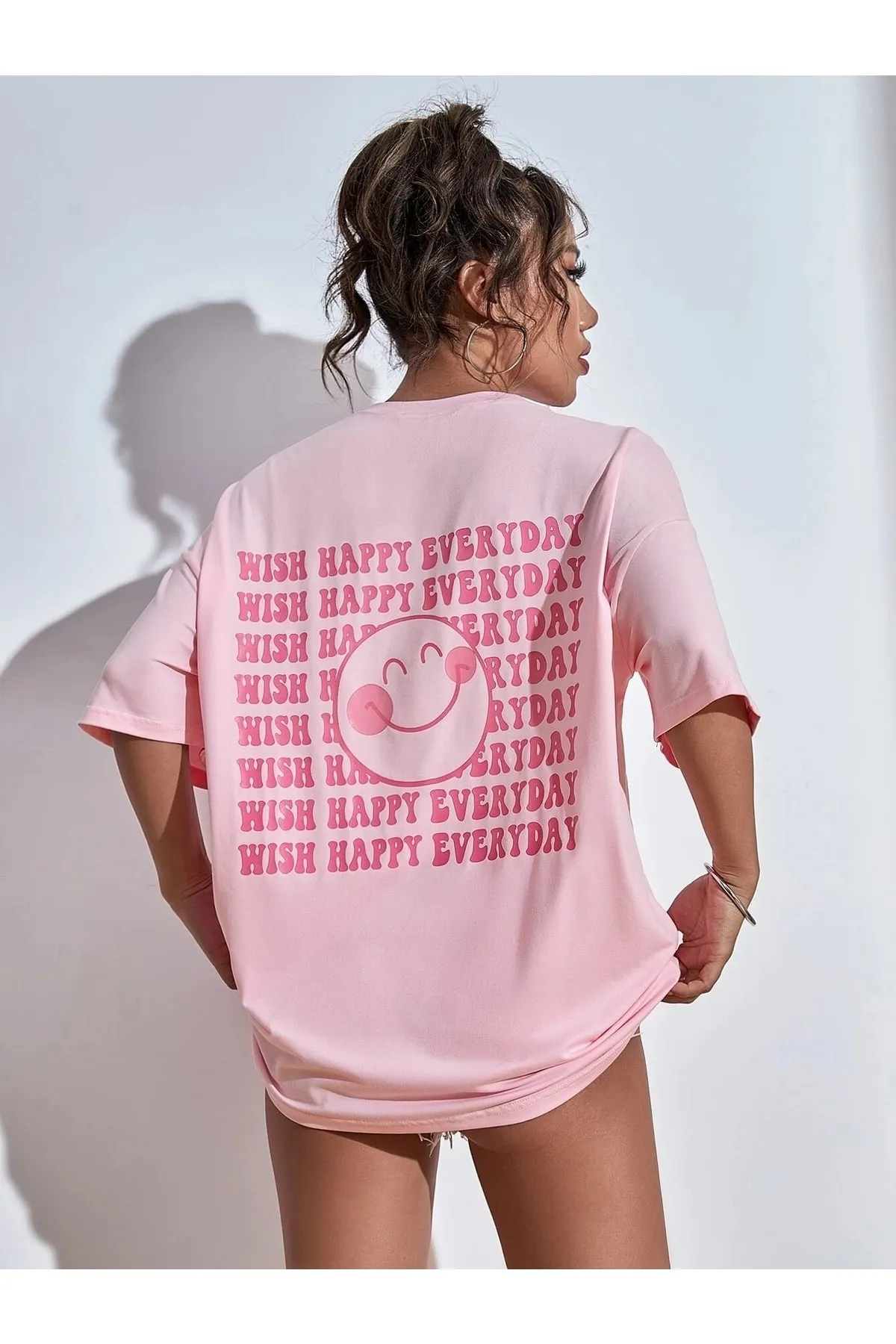 Know  Rosafarbenes, bedrucktes Oversize-T-Shirt „Wish Happy Everyday“ für Damen