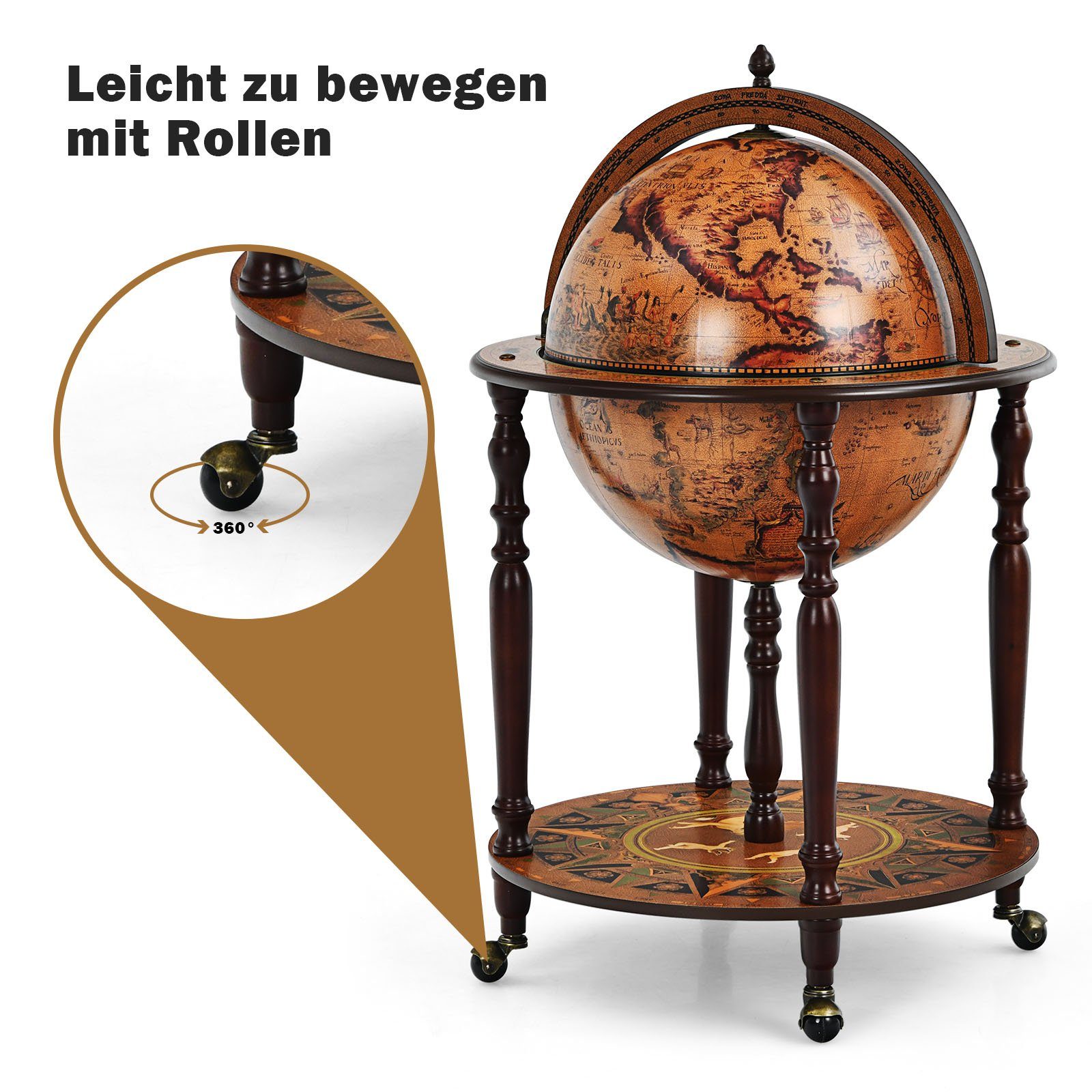 COSTWAY Weinregal Globusbar, Barschrank, mit Rollen & Deckel, für Flaschen