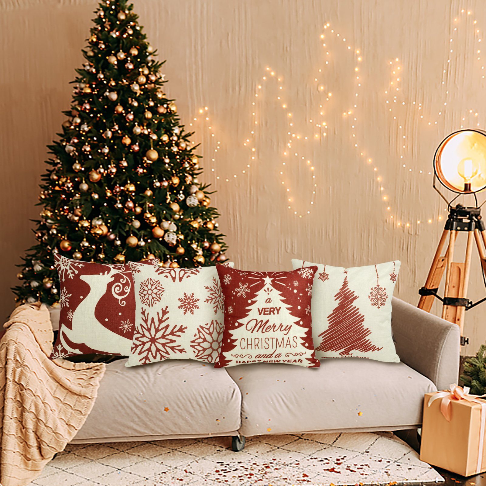 Kissenbezüge Leinenlook für Zierkissen, Sofakissen, Weihnachts-Kissenbezüge, CALIYO, 4 Stück Kissenbezug zu Weihnachten