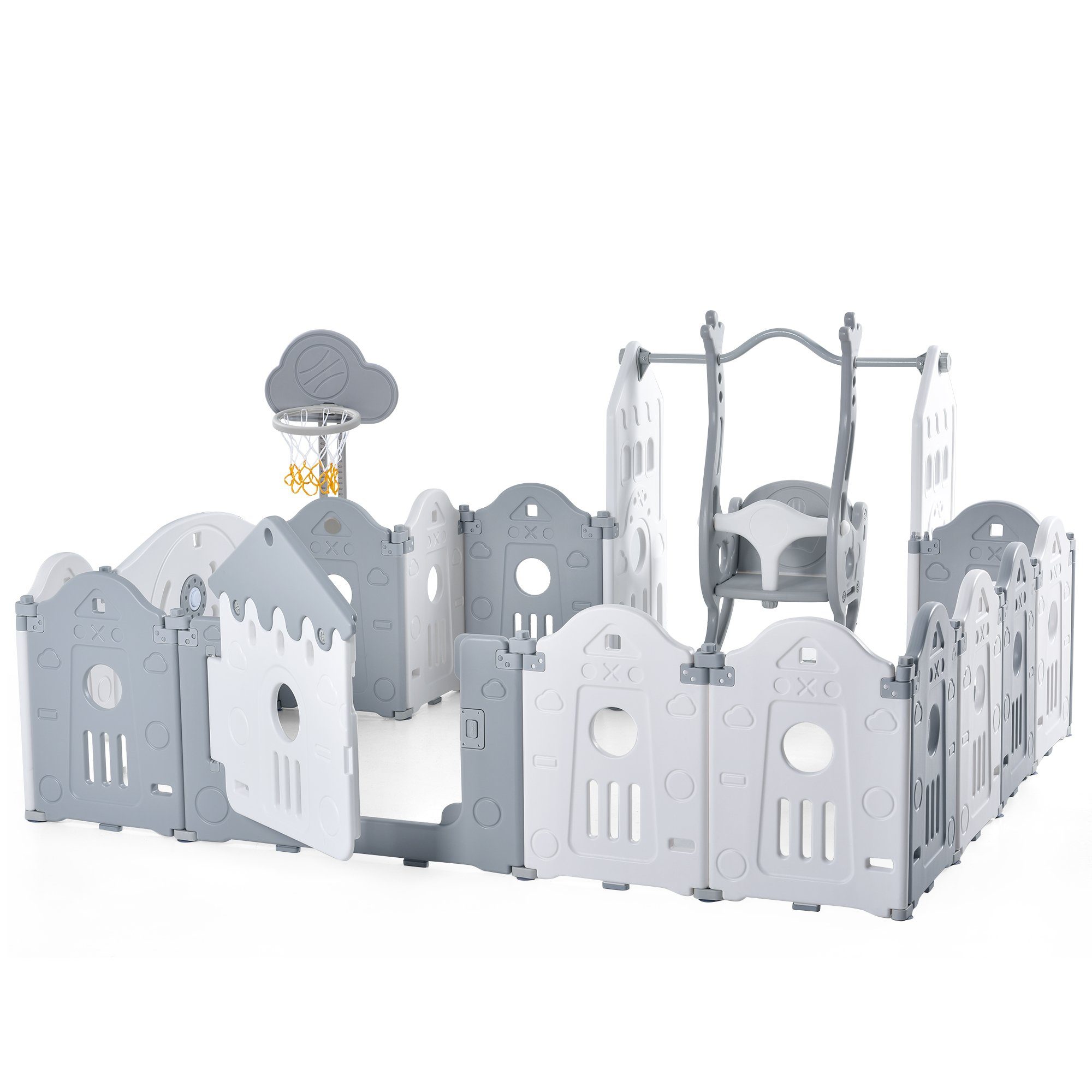 BlingBin Laufgitter Baby Laufstall Faltbar 160x160x77cm Laufställe Schutzgitter (14 Paneele Set, 14-tlg), mit Tür & Basketballkorb & Kinderschaukel
