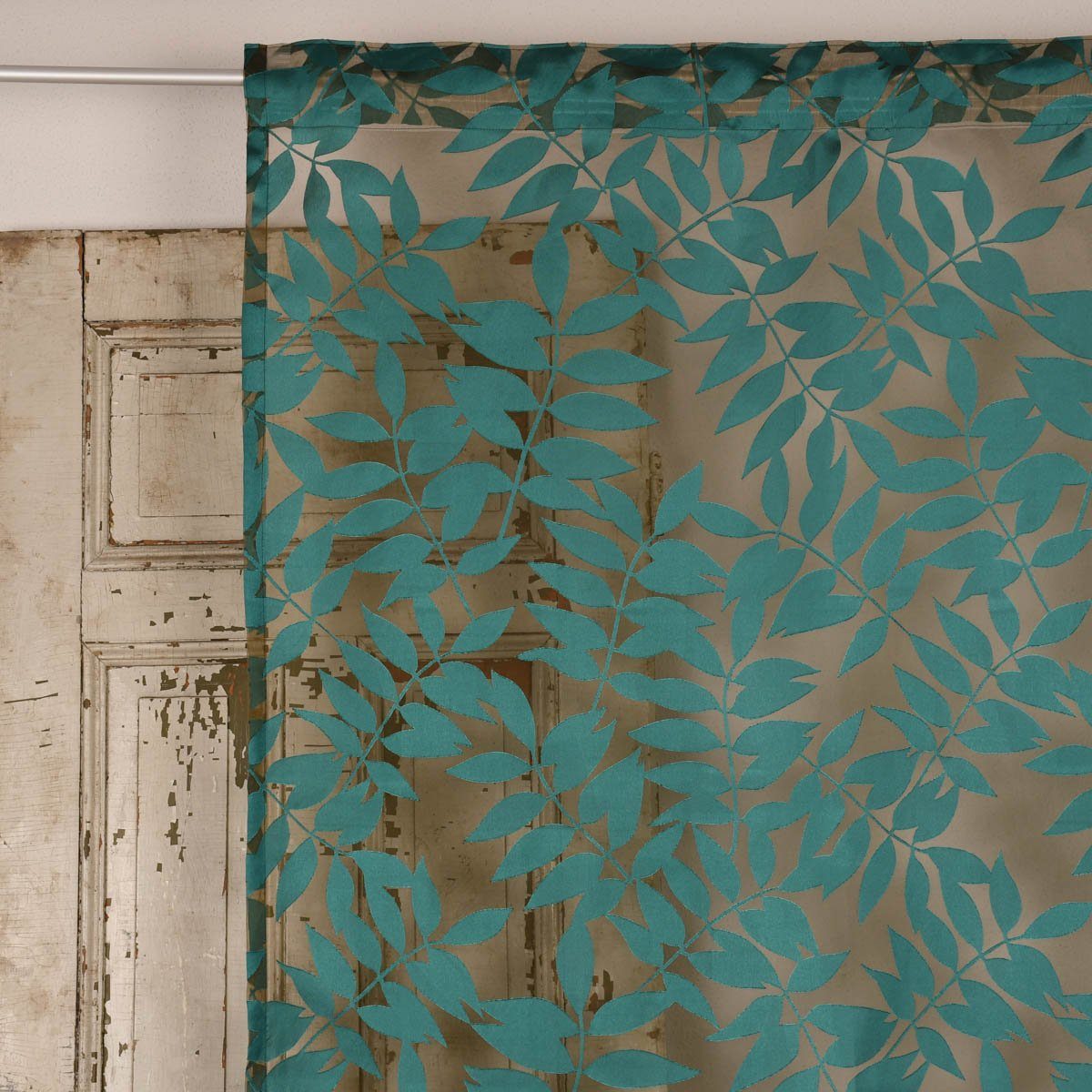 Meterware Rasch Textil Stores Ausbrenner Sri Lanka Blätter petrol bronze 300cm, halbtransparent, Viskose, überbreit