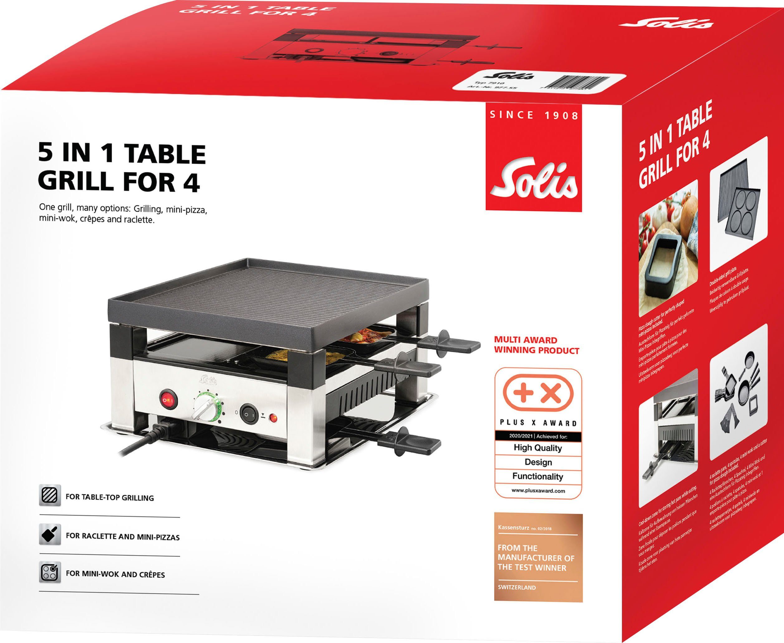 SOLIS OF SWITZERLAND Raclette 5 in 1 Table Grill for 4, 4 Raclettepfännchen, 1020 W