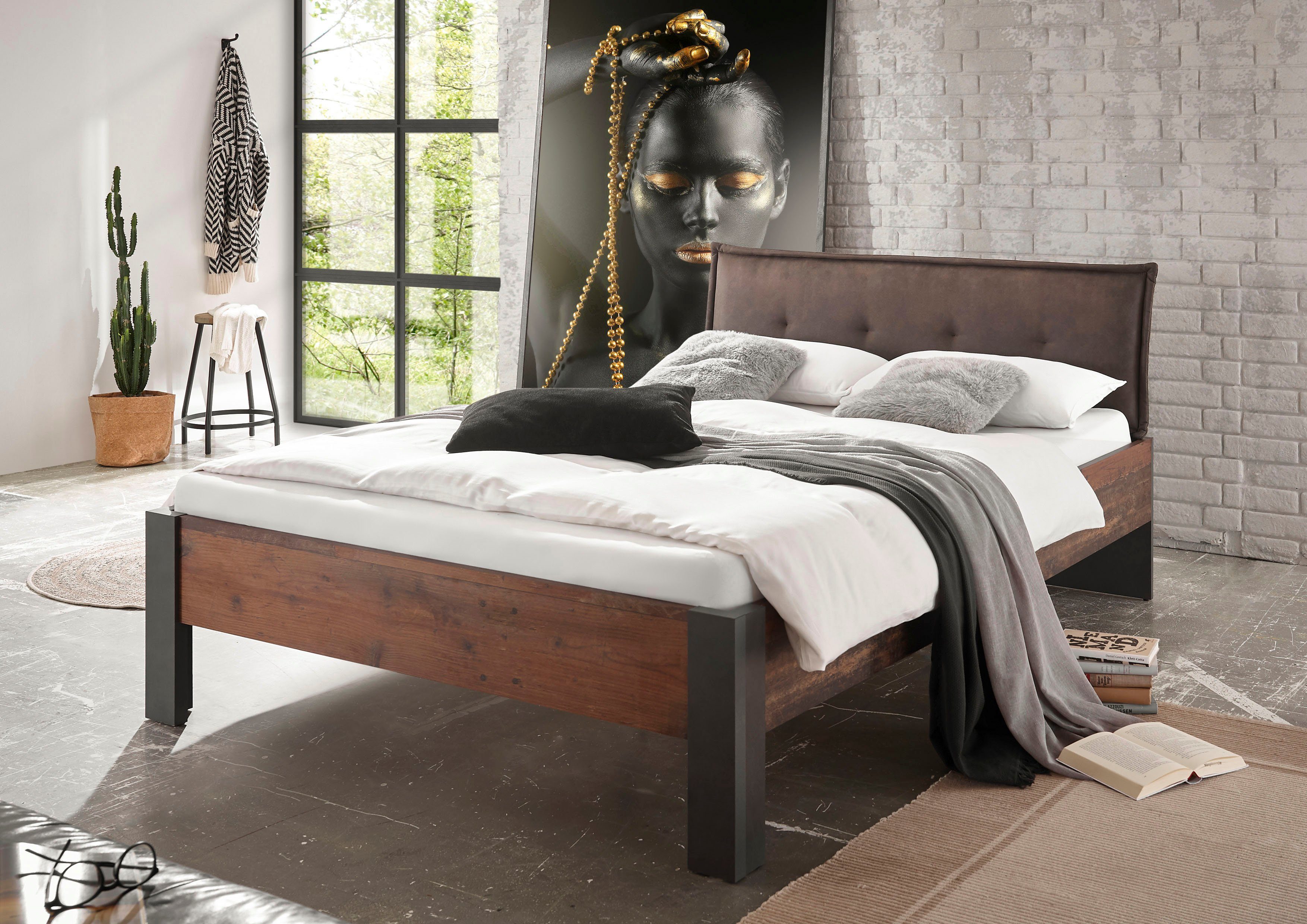 Home affaire Schlafzimmer-Set BROOKLYN, (Set, 4-St., mit Polsterkopfteil, Nachtkommode, Kleiderschrank 2 trg., Kommode), in dekorativer Rahmenoptik