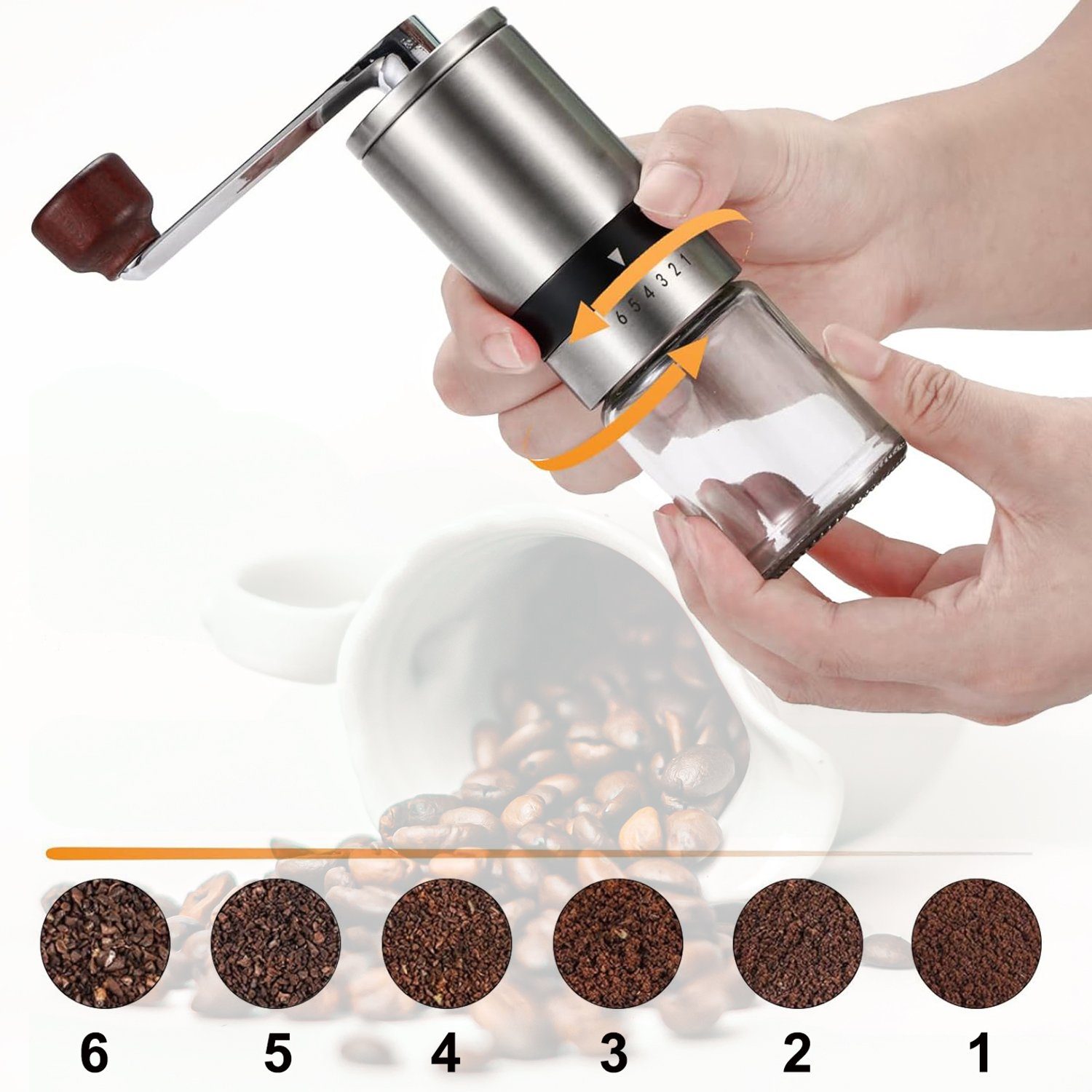 HYIEAR Kaffeemühle Manuelle, Edelstahl und Glas, 6 Verstellbarer Mahlgrad, Keramikmahlwerk, 15,00 g Bohnenbehälter, 110ml Pulverbehälter, inkl. Siebträgeradapter und Reinigungspinsel