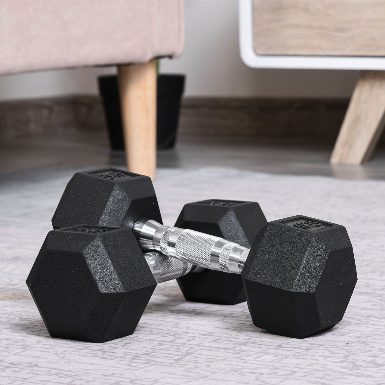 HOMCOM 2er-Set Gummi-Hantel 4 KG Fitness Hantel Kurzhantel für Trainingsraum Büro sechseckige Form Metall Gummi Schwarz