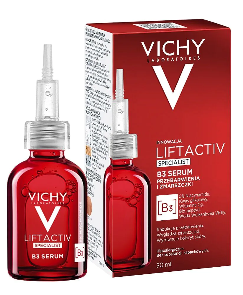 „Vichy Liftactiv Specialist B3“ serumas odos dėmėms ir raukšlėms mažinti su 5 % niacinamido.