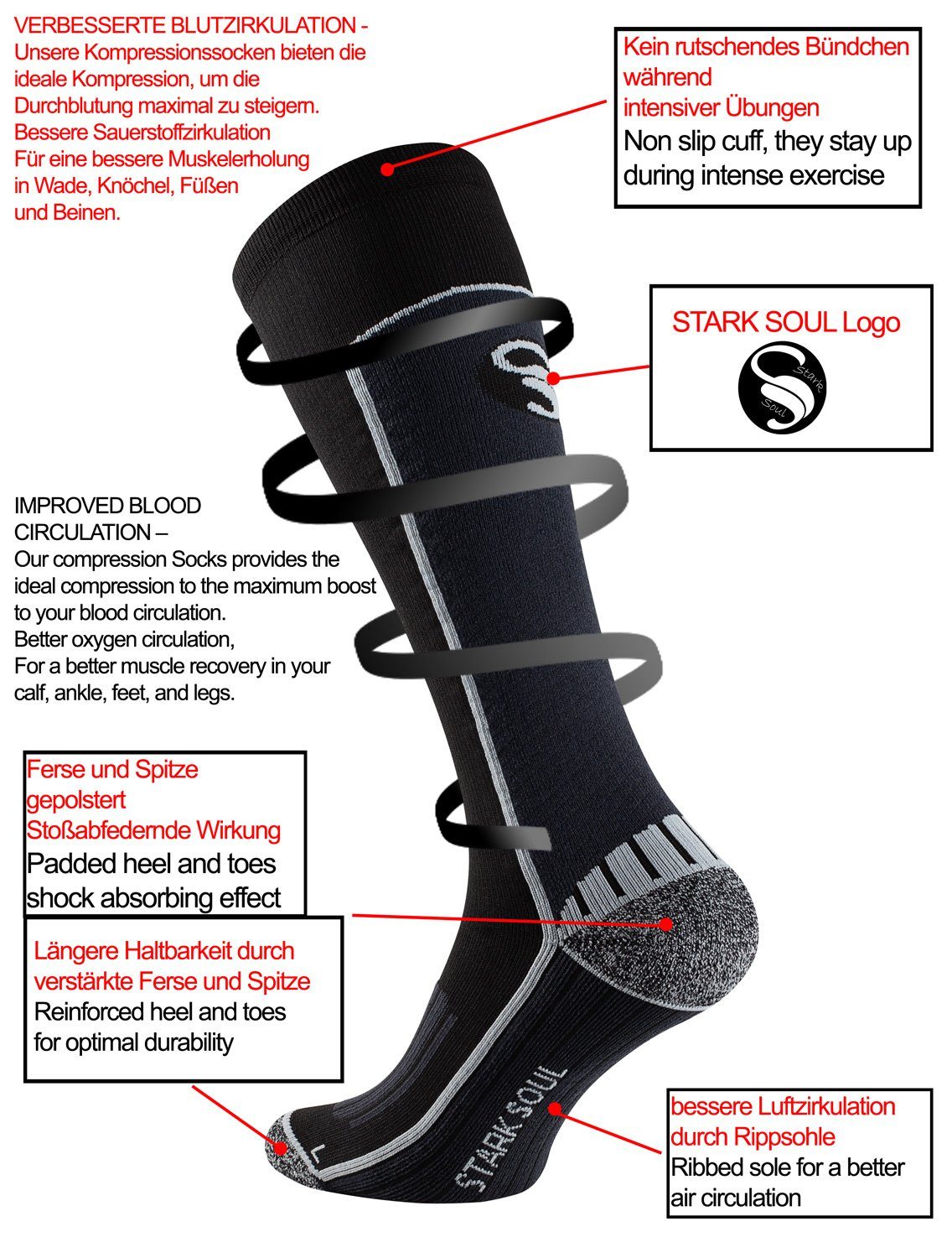 Stark Soul® Kompressionsstrümpfe Damen Sportsocken - Kompressionssocken, Sport-Kompressionskniestrümpfe Ergonomisch formgenäht -Rechts-Links- (gekennzeichnet)
