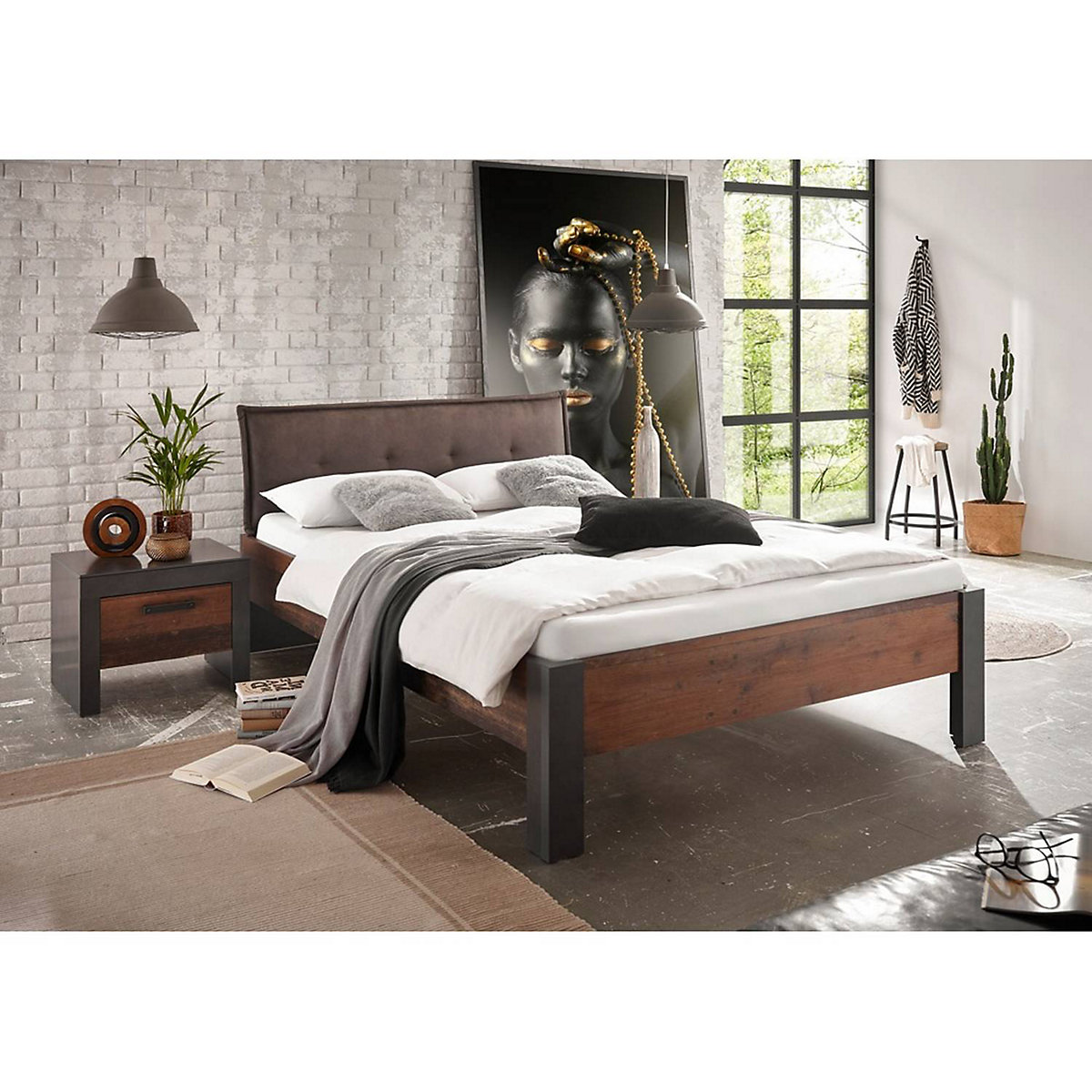Schlafzimmer Kombination Industrial Design BERLIN-S-61 Liegefläche 140x200 cm, in Old Mix Dekor mit Matera anthrazit/grau, BxHxT ca. 211x45x205 cm