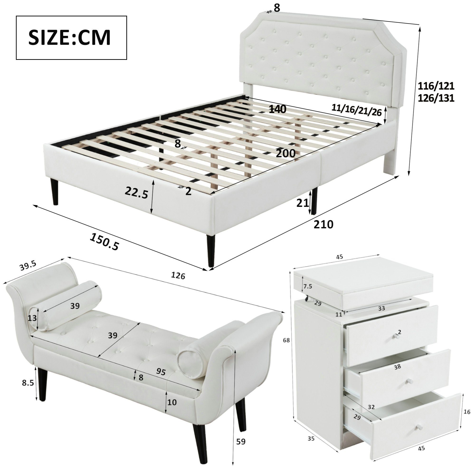 Flieks Schlafzimmer-Set, Polsterbett 140x200cm + LED Nachttisch + Betthocker, Kunstleder