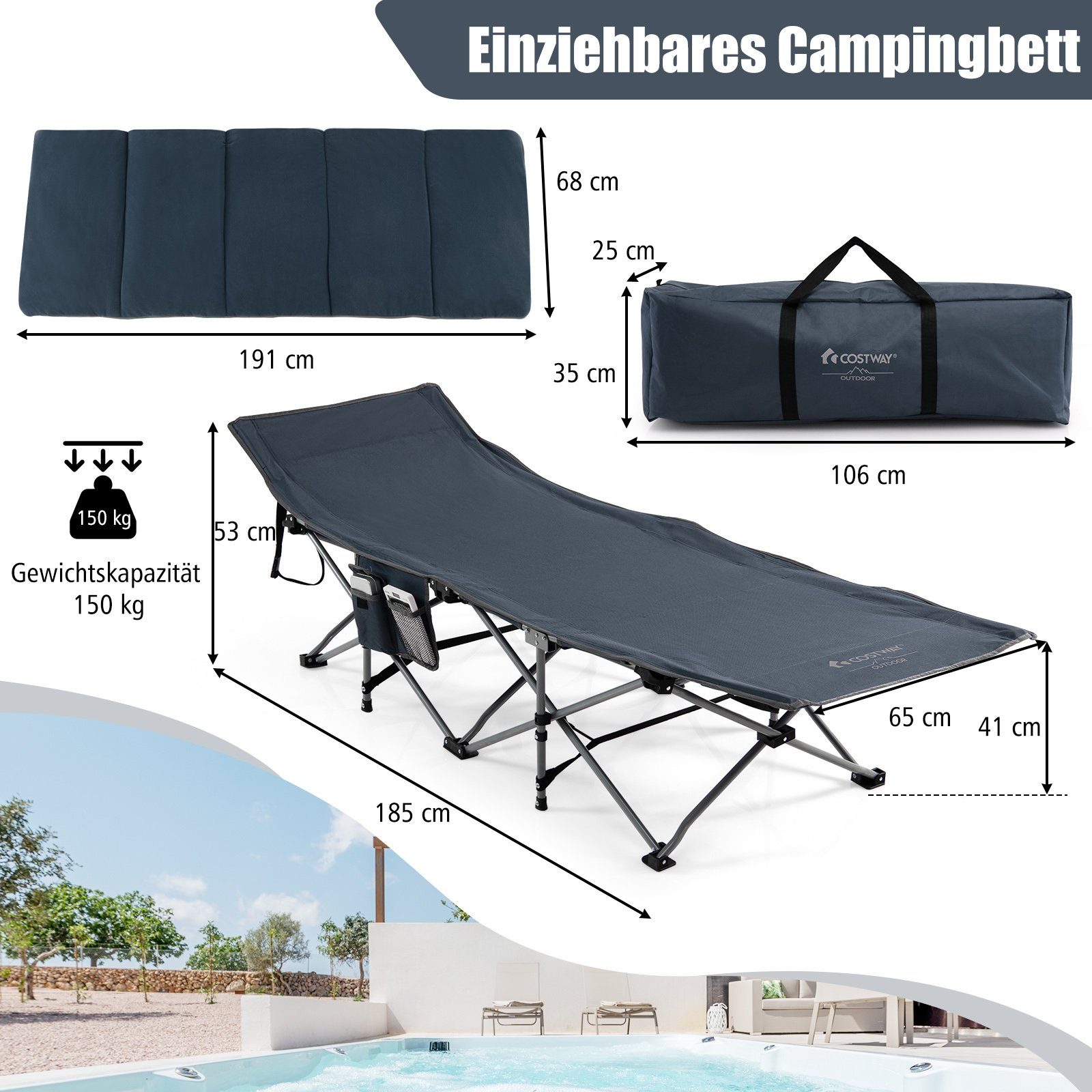 COSTWAY Feldbett Campingbett klappbar, mit Matratze & Kissen, 150kg, 185x65cm