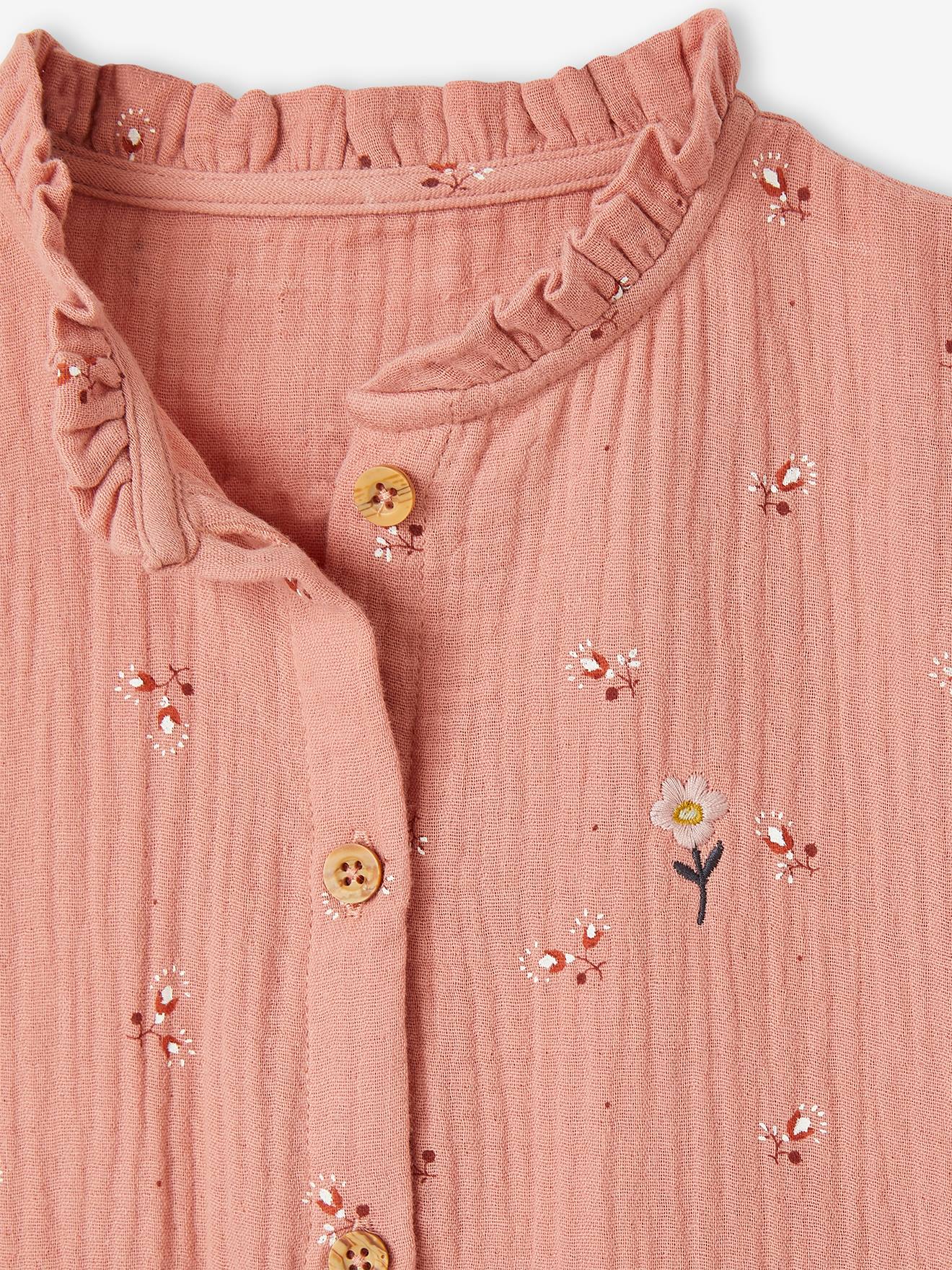 Robe boutonnée en gaze de coton fille manches 3/4 blush
