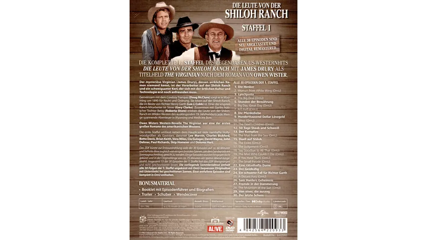 Die Leute von der Shiloh Ranch - Staffel 1 (HD-Remastered) (The Virginian: Extended Edition) (Fernsehjuwelen)  [10 DVDs]