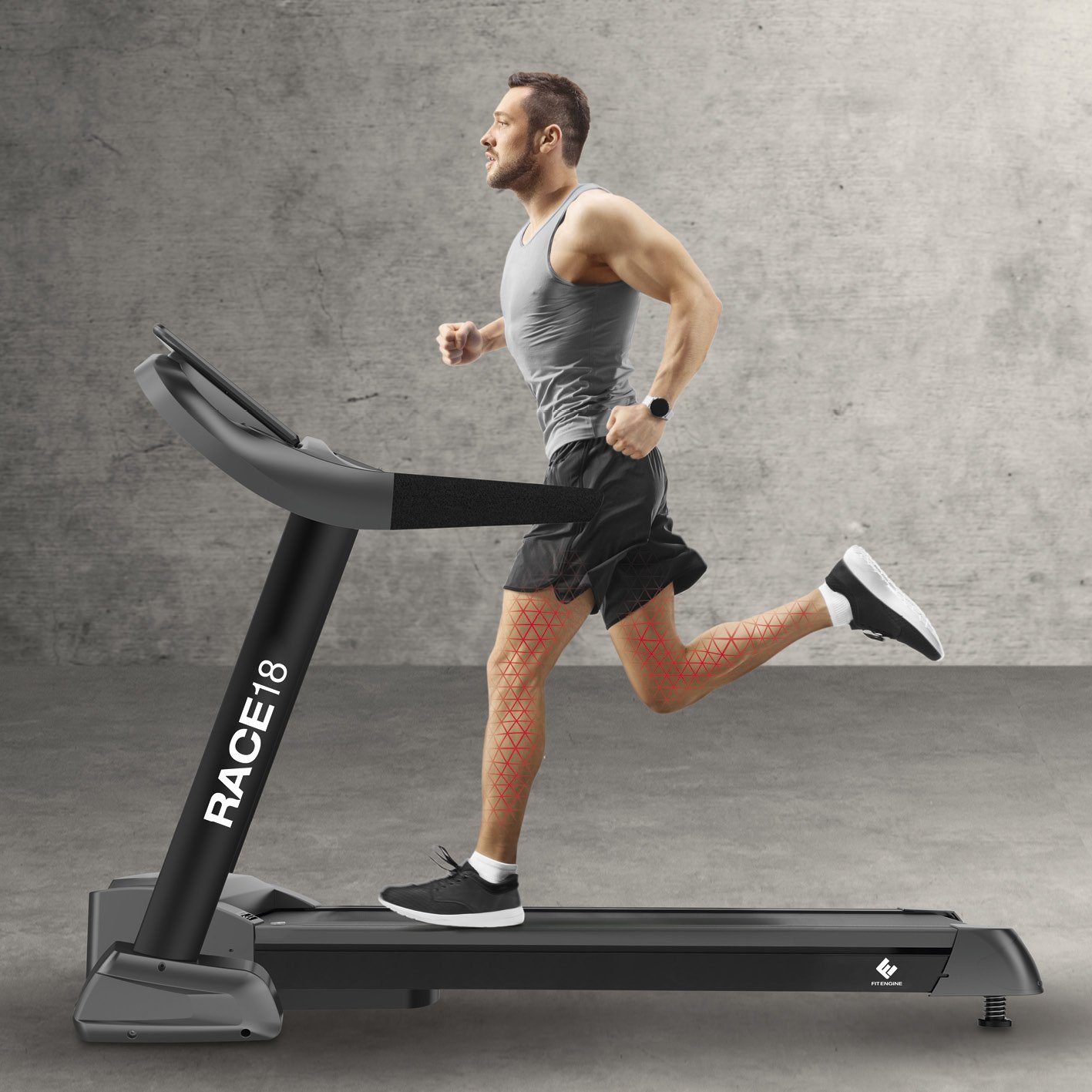 FitEngine Laufband RACE18 Fitnessgerät Heimfitness 150 kg belastbar, extra breite Lauffläche - bis 18 km/h & 15% Steigung
