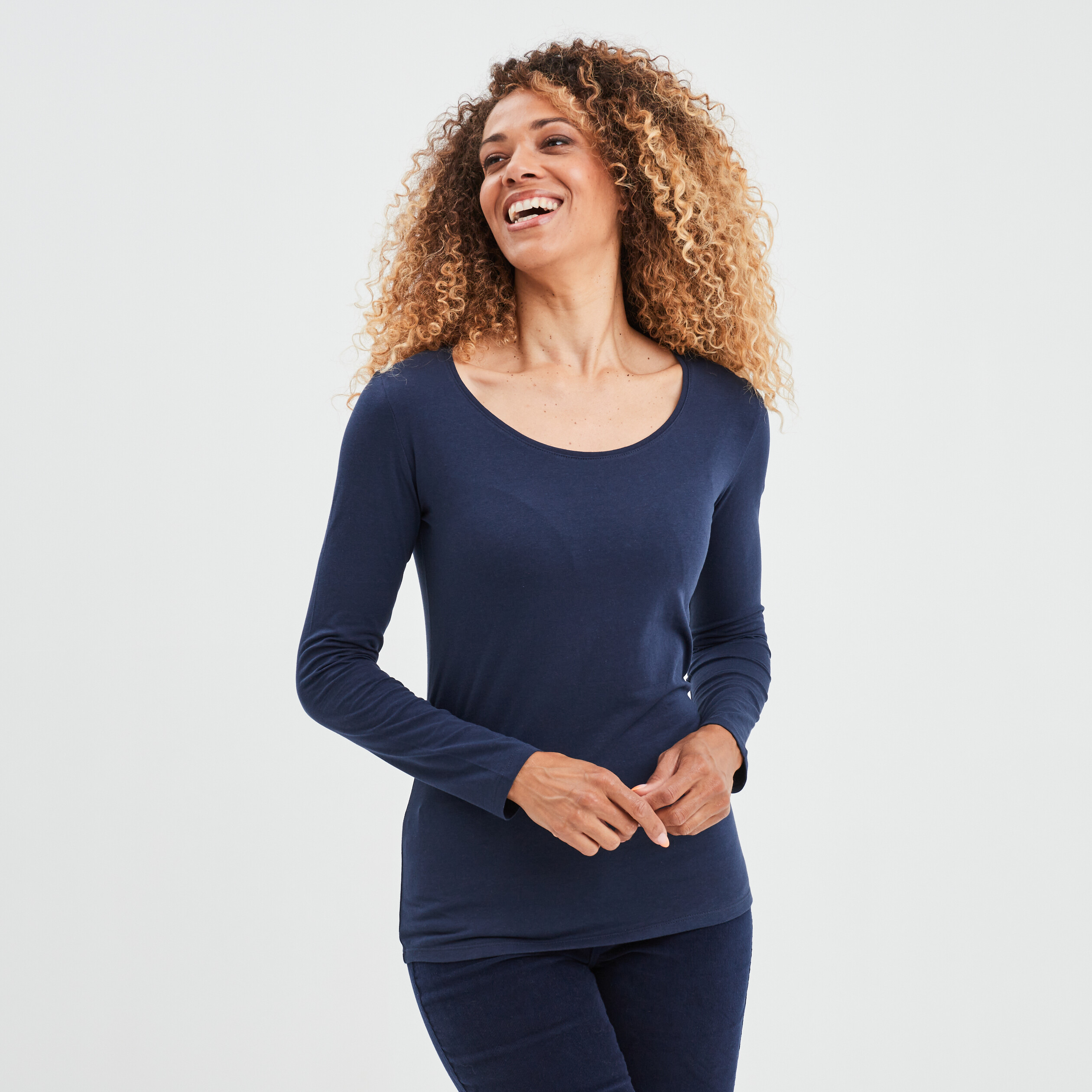 T-shirt coton manches longues bleu marine femme | La Halle