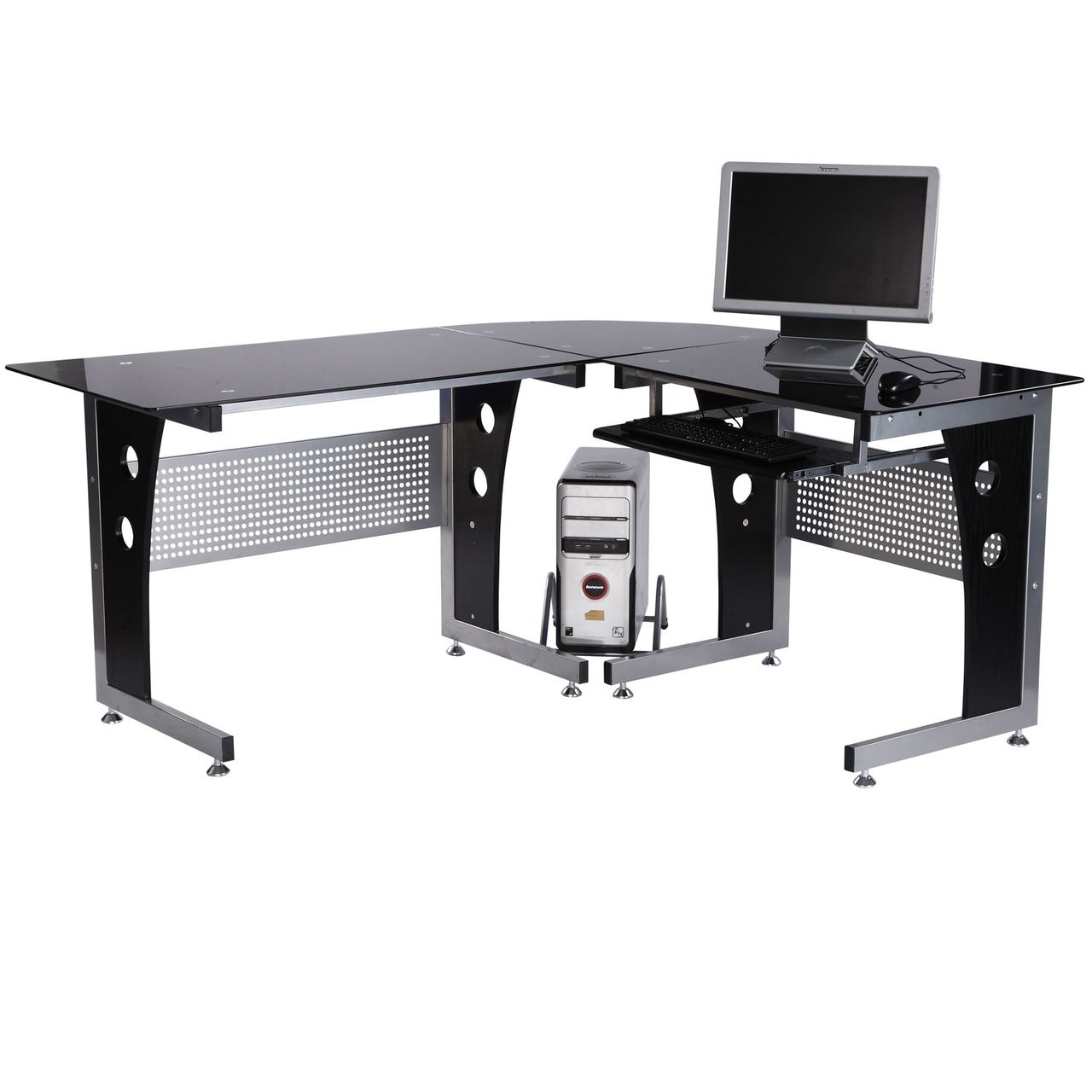 HOMCOM Computertisch Eckschreibtisch PC Tisch Bürotisch mit Sicherheitsglas Büro