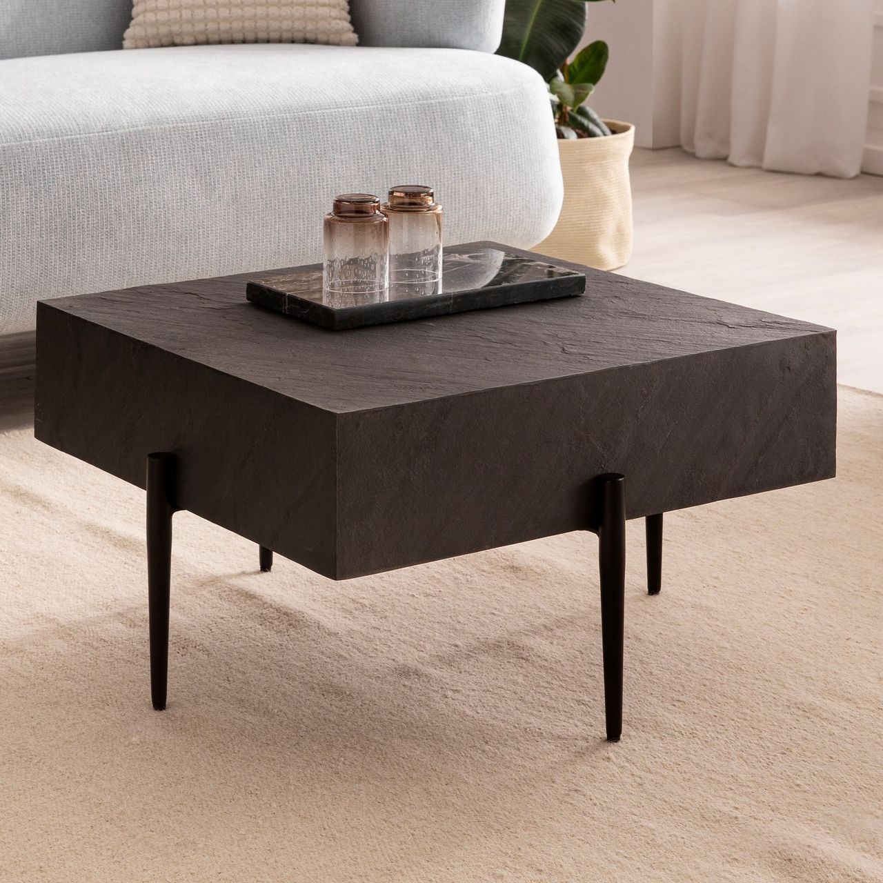 Wohnling Couchtisch Steinoptik Anthrazit 64x64x35 cm Sofatisch Wohnzimmertisch