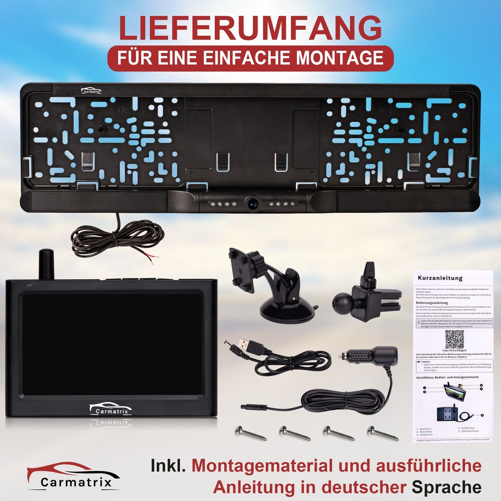 CARMATRIX Kabel 1 Rückfahrkamera (Auto Funk Rückfahrsystem im Nummernschild Kennzeichenhalter, Rückfahrkamera Digital kabellose Einparkhilfe zum nachrüsten)