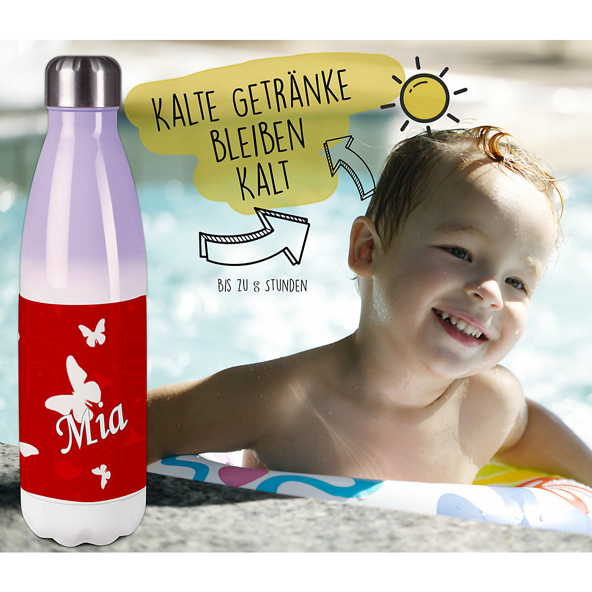 Edelstahl Kinder Thermoflasche / Trinkflasche bunt Schmetterling Ornamente Farbe rot Spülmaschinenfest, Auslaufsicher, Bruchfest, Doppelwandig, Für Heißgetränke geeignet, Mit Deckel, Isoliert
