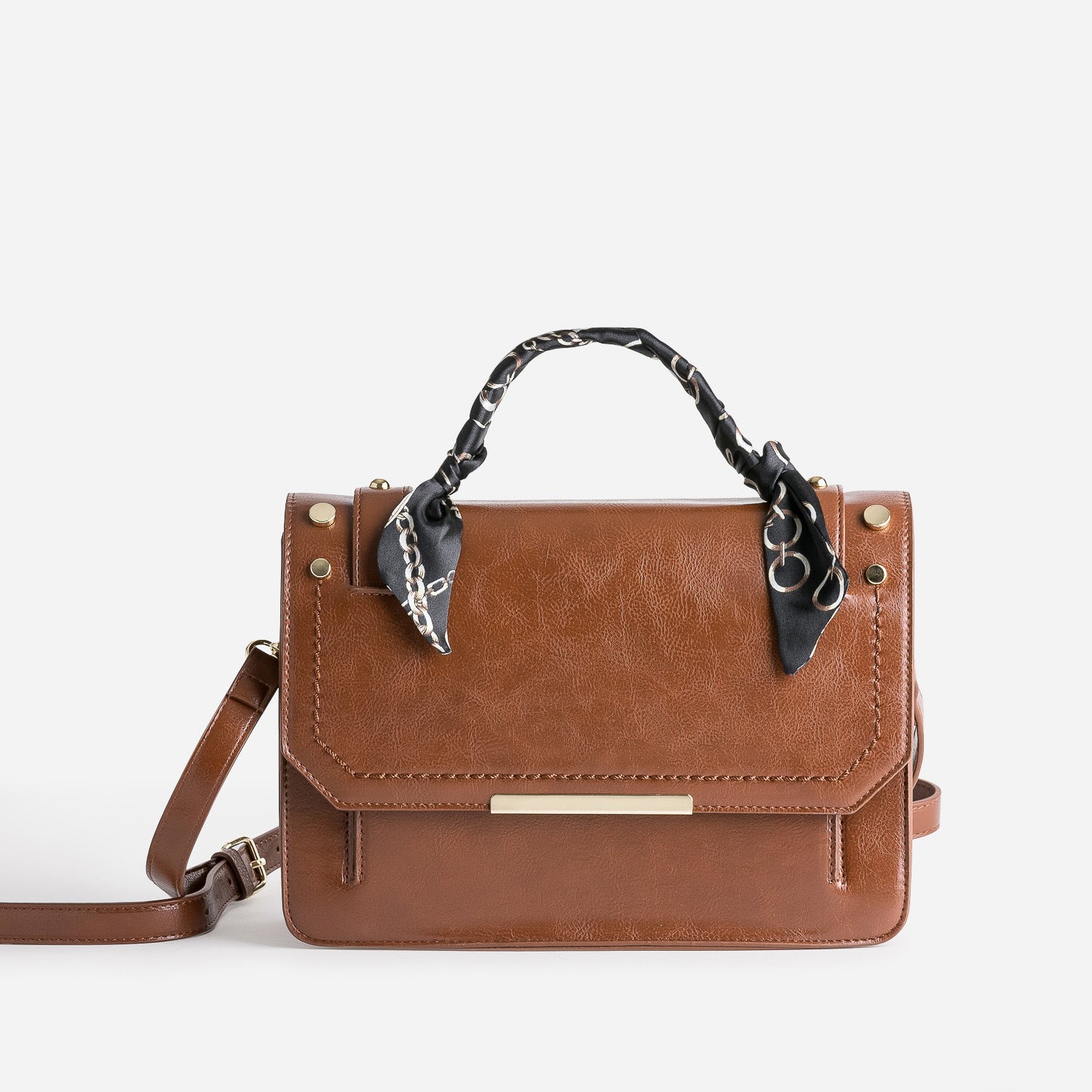 Sac à main cognac avec anse foulard motif