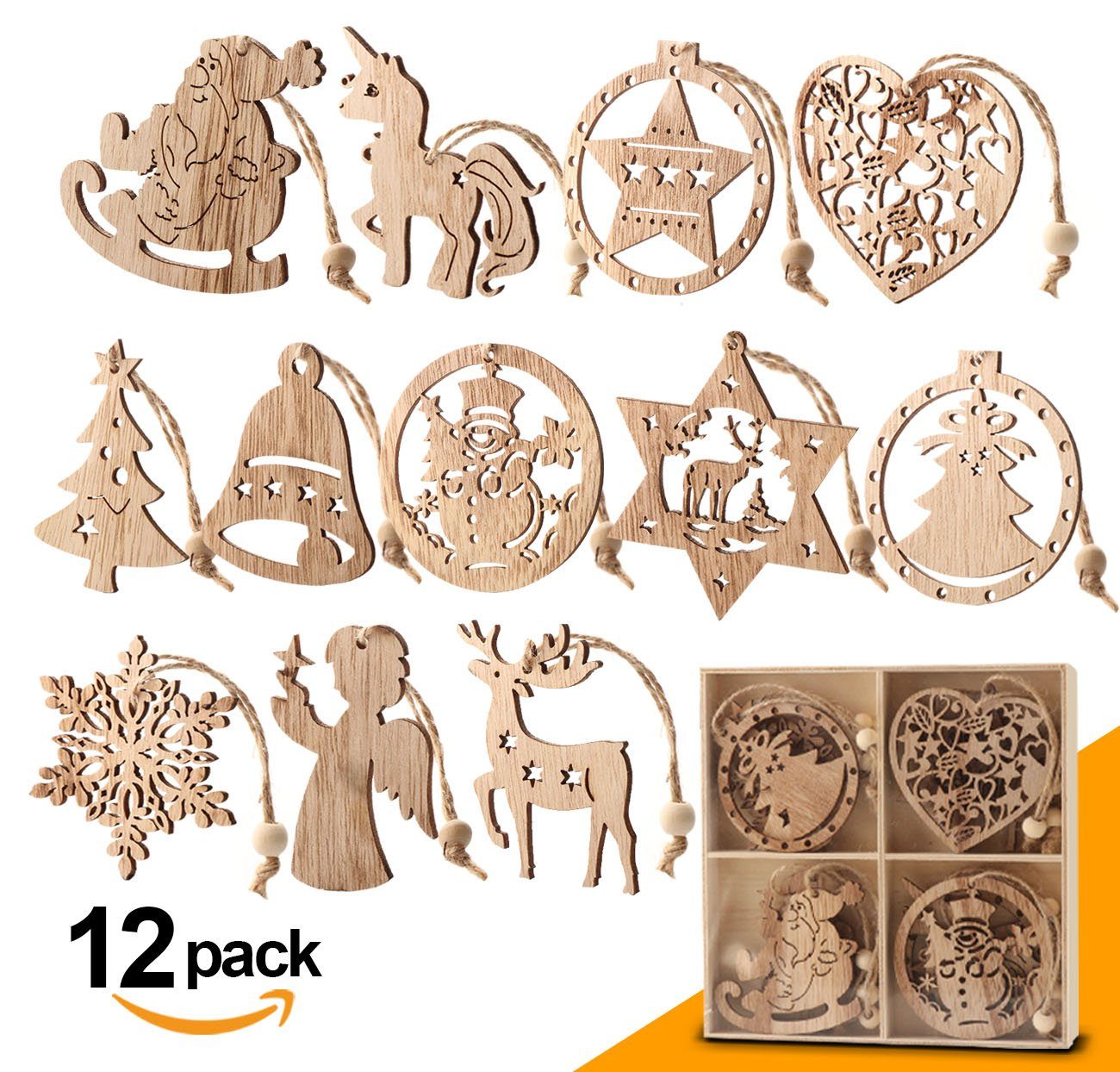 Homewit Christbaumschmuck Personalität Weihnachtsbaum Deko Mit Hanfseil, beweglichen Holzperlen (12-tlg), für DIY Basteln Geschenk Weihnachtsdeko