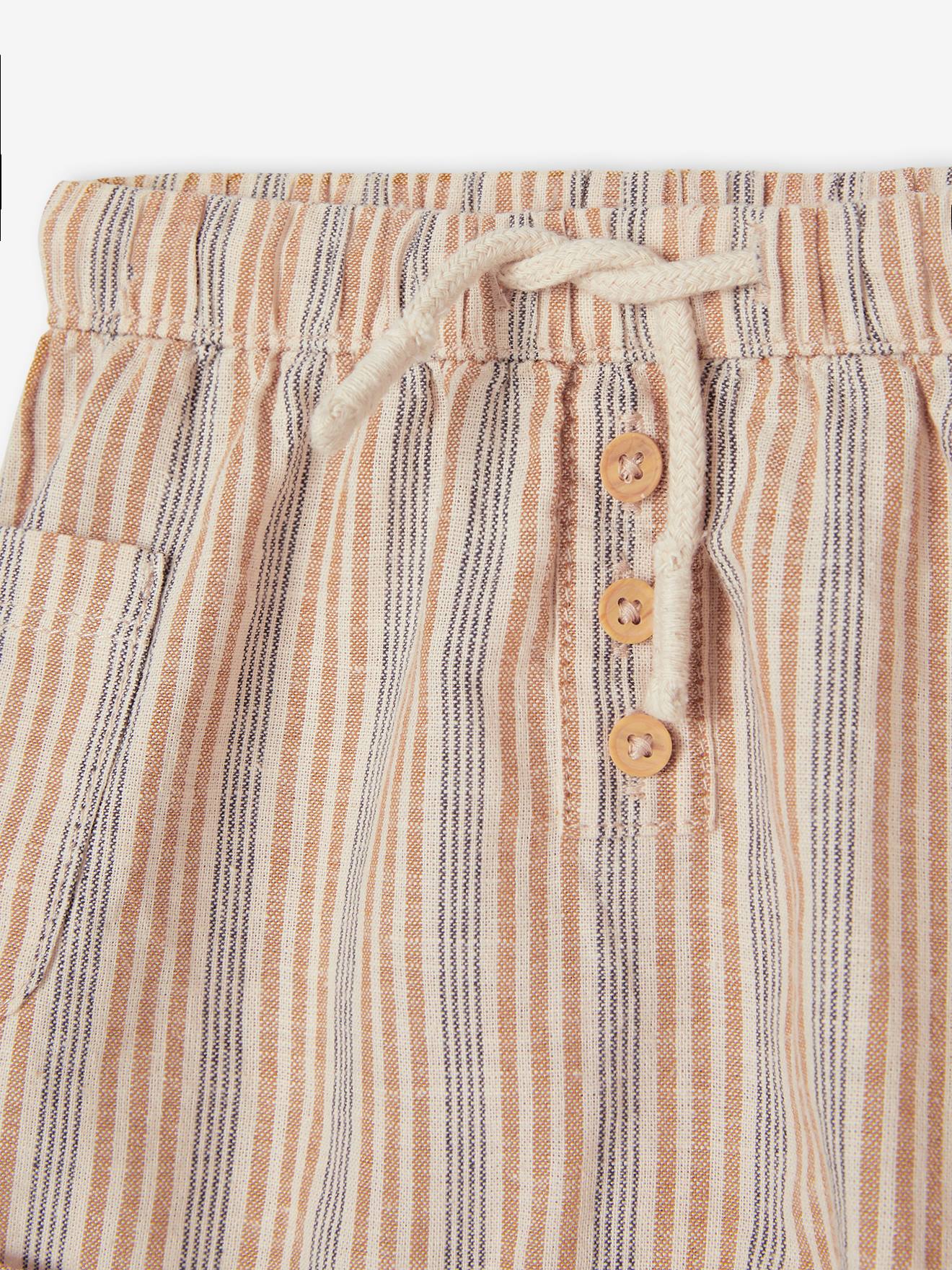 Short rayé bébé en coton et lin écru