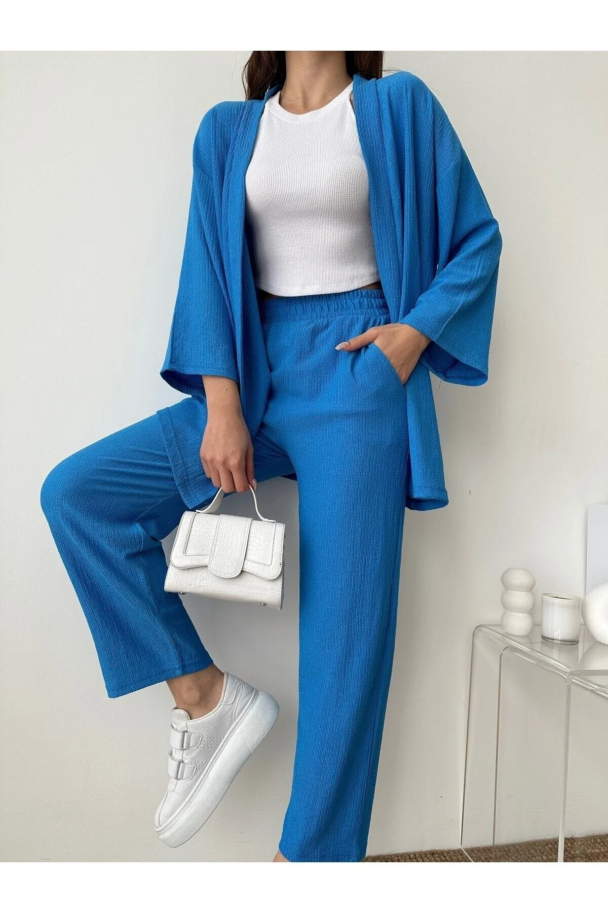 BEJNA  Blaues Kimono-Hosen-Strickset für Damen