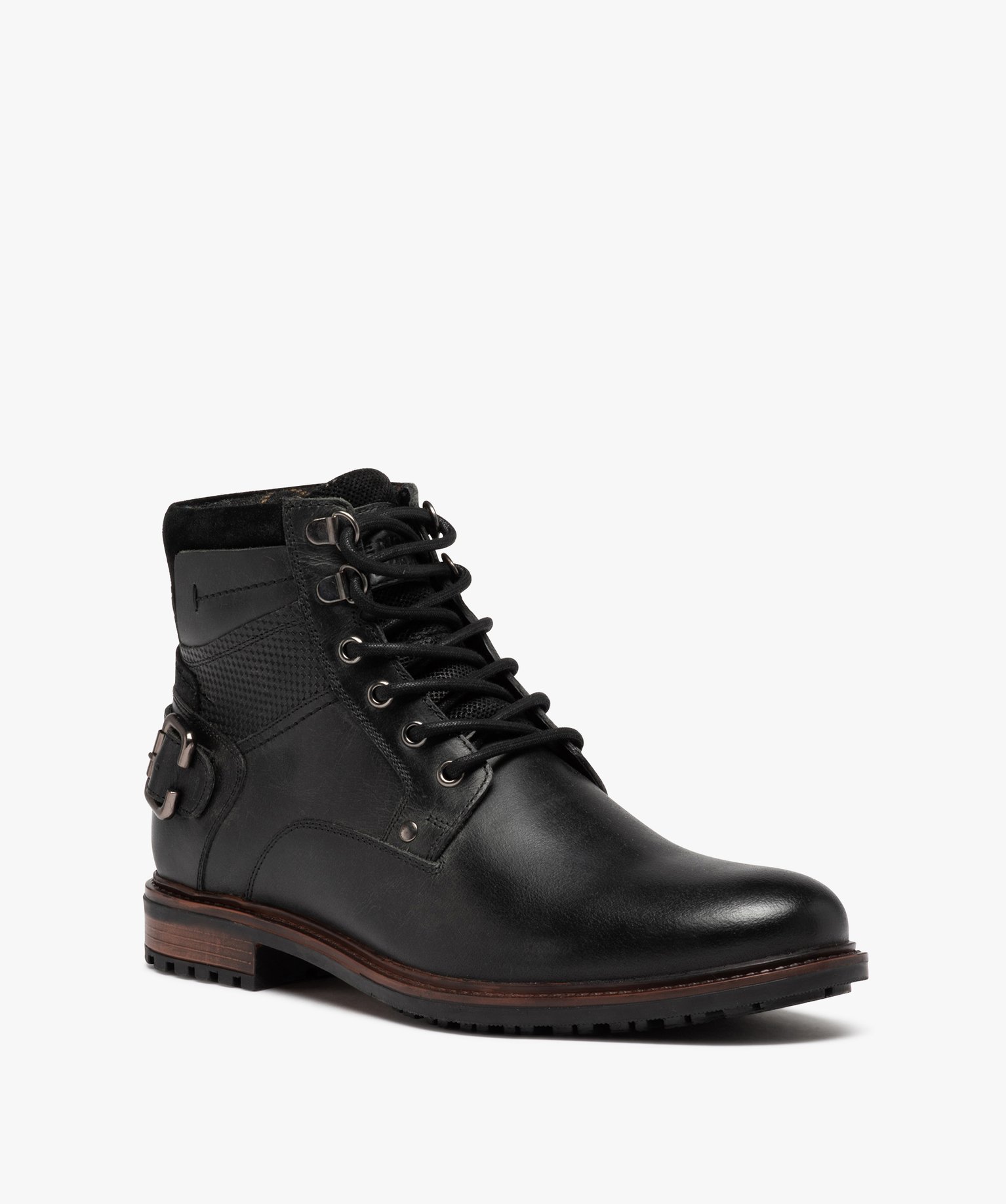 Boots homme dessus en cuir uni à lacets et bride à boucle ... noir | GEMO