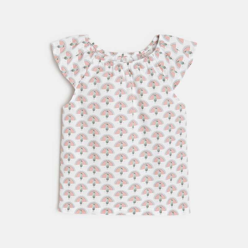 Salopette courte et blouse paons rose bébé fille