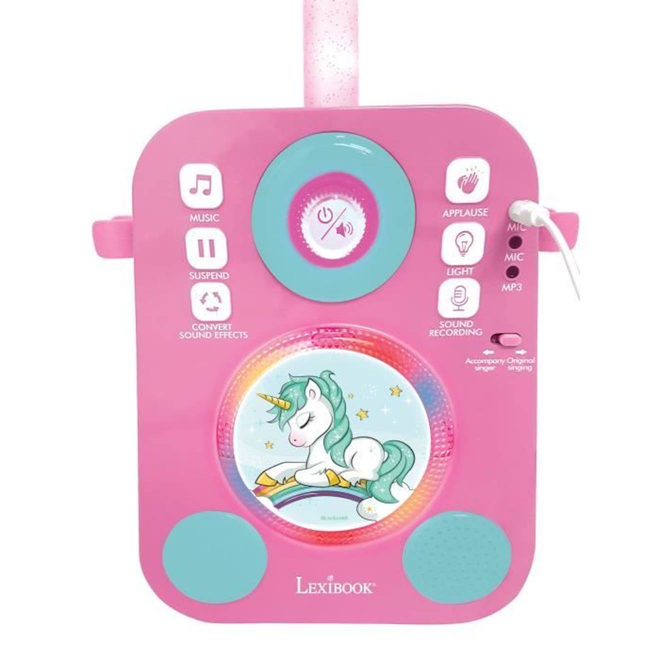 Karaoké Licorne avec deux microphones et effets lumineux et sonores rose