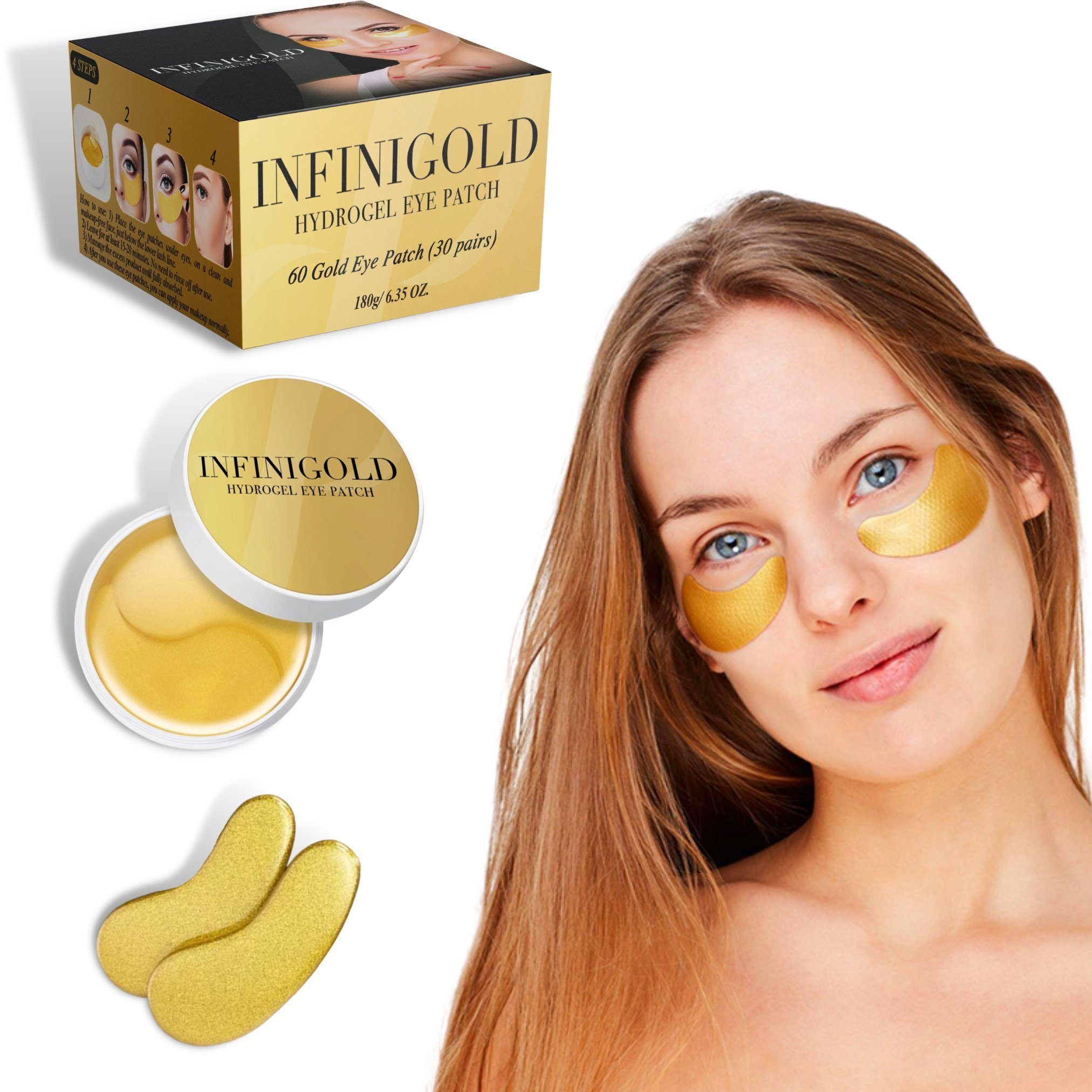 INFINIGOLD Augenpads goldene Multi Action Augenpads, 60-tlg., 1er oder 2er Pack, Anti Aging Augenpflege Pads gegen Falten, Augen Anti Falten Wirkung