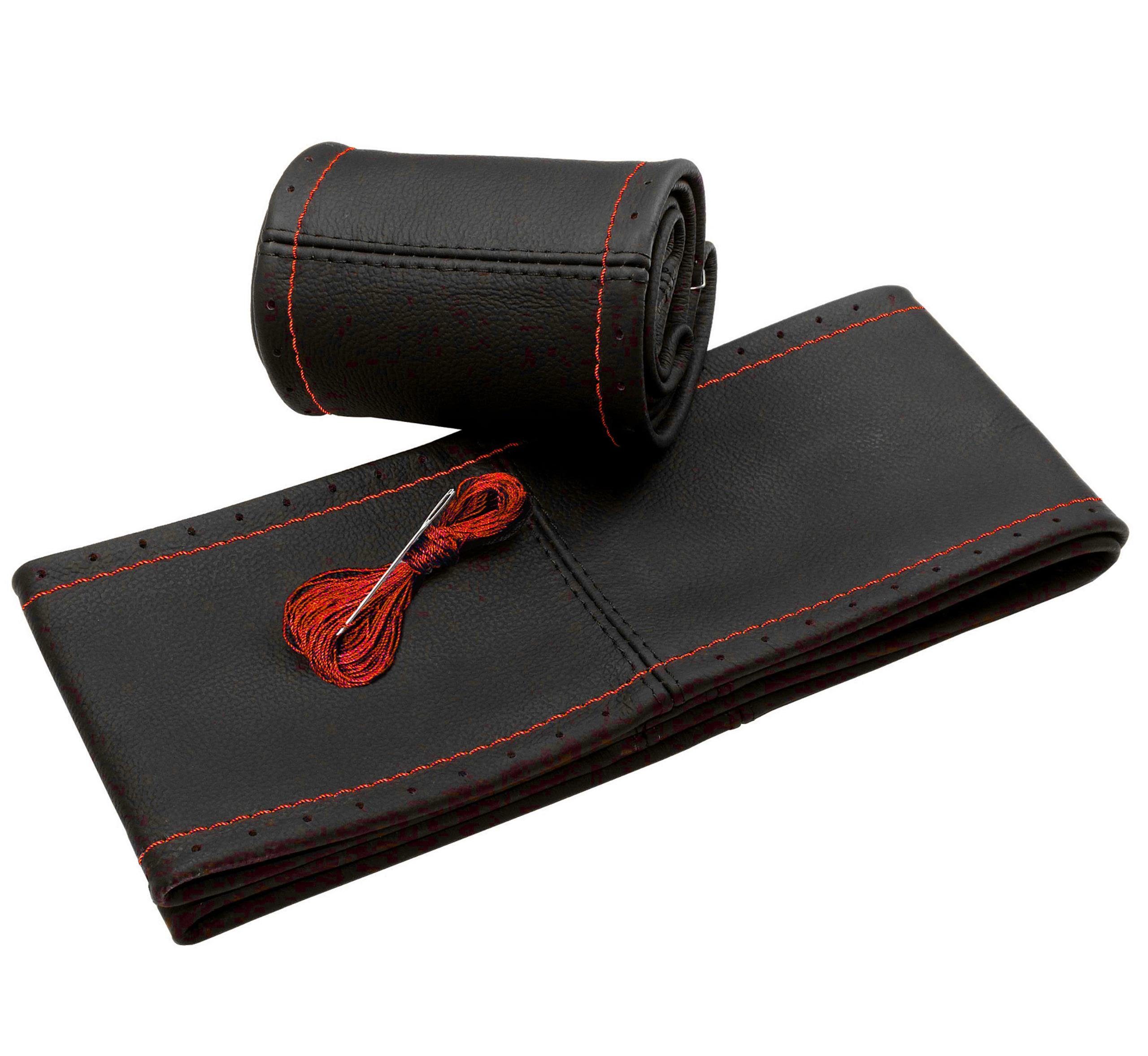 L & P Car Design Lenkradbezug Lenkradhülle Auto in schwarz mit roter Naht, Ø 38 - 39 cm, Echtleder