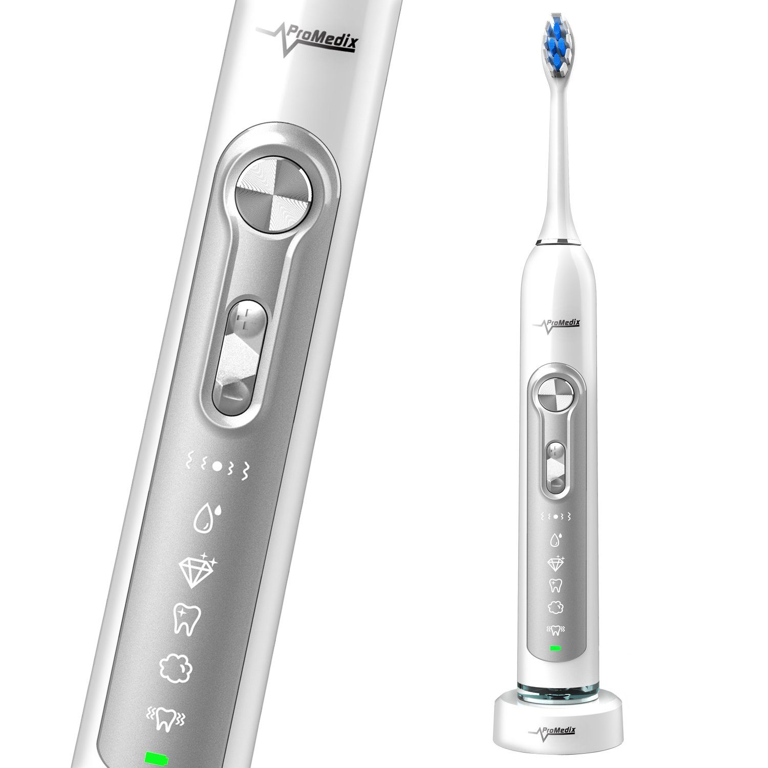 Promedix Schallzahnbürste PR-750, Aufsteckbürsten: 3 St., inkl. Ladestation & Reise-Etui; 5 Putzprogramme; Timer-Funktion; IPX7