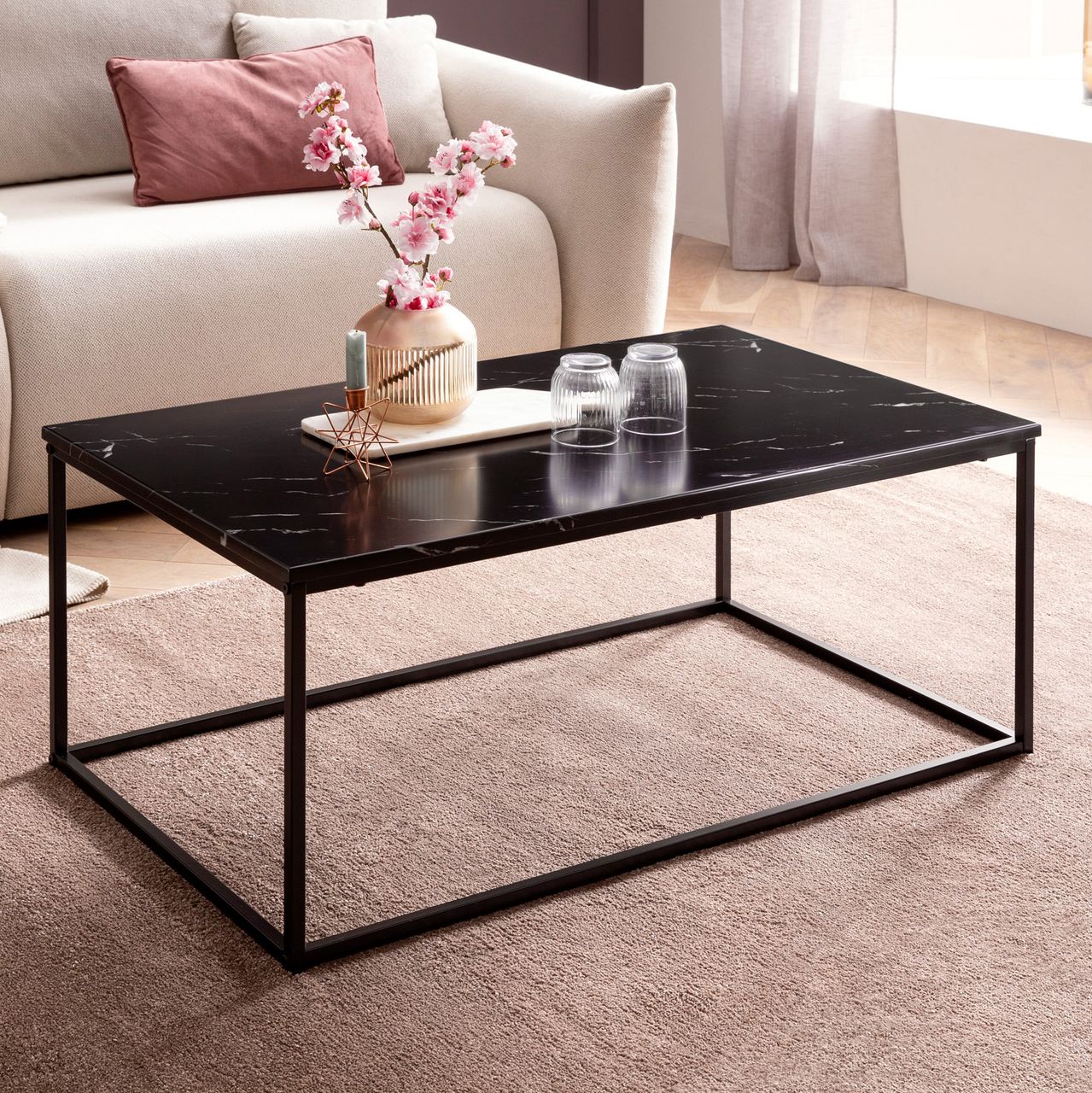 Skyport WOHNLING Couchtisch Marmor Optik Schwarz 100x60 cm Wohnzimmertisch Tisch Metall