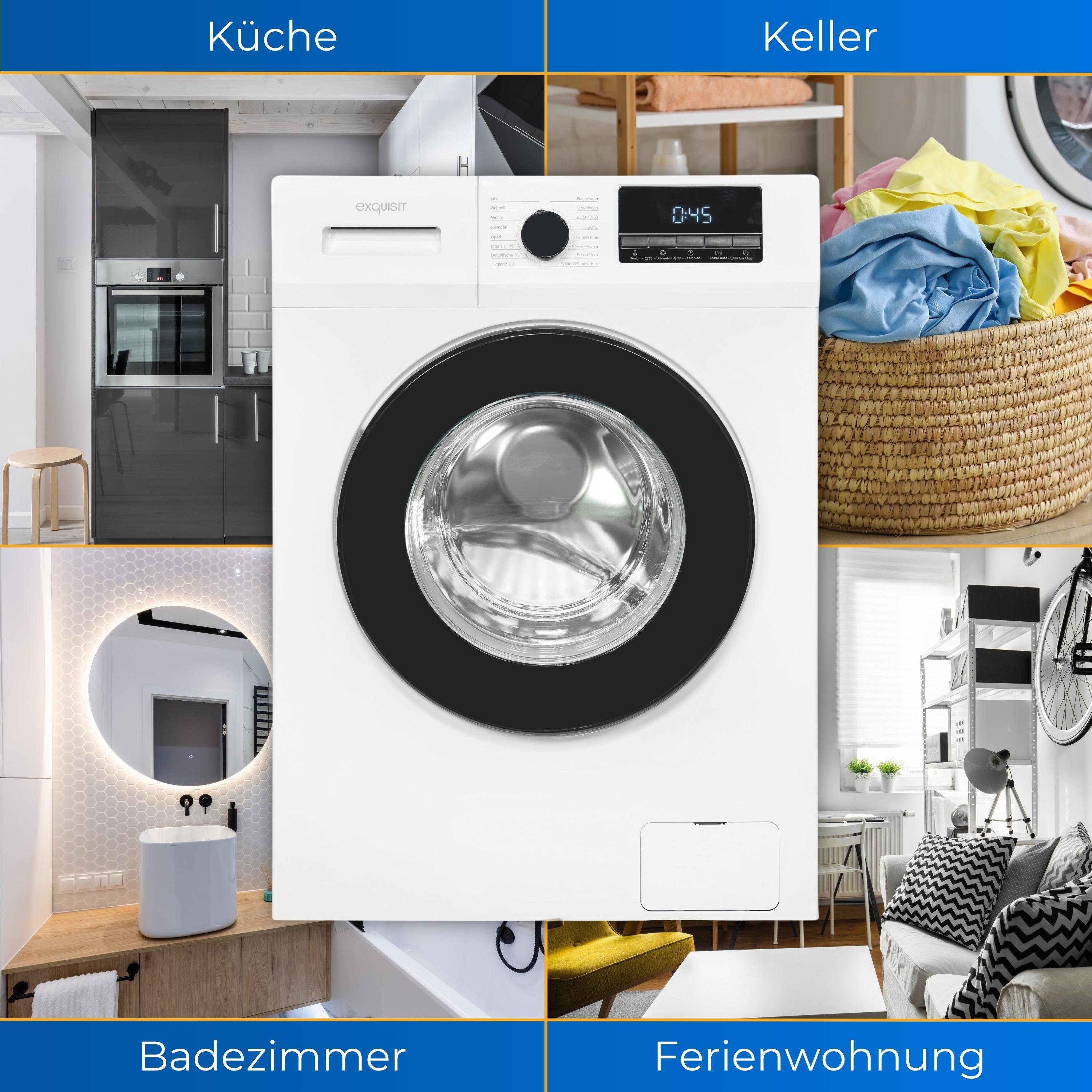 exquisit Waschmaschine WA58014-340A, 8 kg, 1400 U/min, Trommelreinigung, Kindersicherung, Aquastop