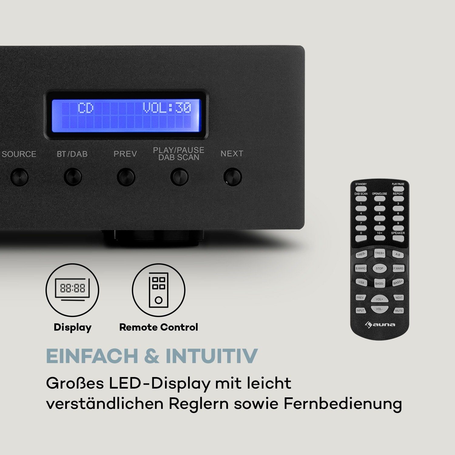 Auna AMP-CD608 DAB Audioverstärker (Anzahl Kanäle: 4-Kanal, 400 W, Digital Audio Bluetooth Verstärker HiFi Stereo Amplifier DAB+ Radio)