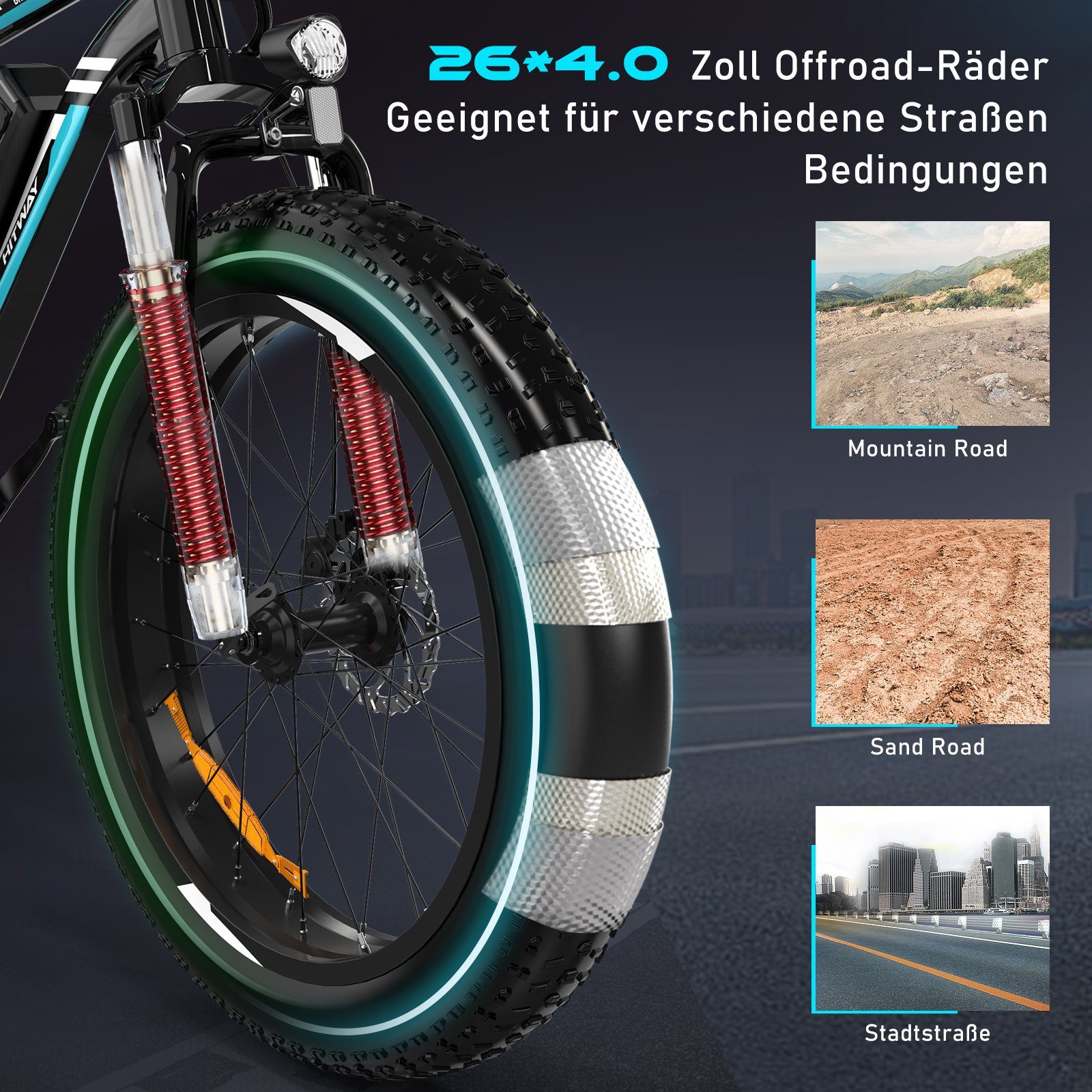HITWAY E-Bike 26 Zoll x 4,0 fette Reifen MTB 48V 15 Ah Elektrofahrrad,Shimano, MTB, 7 Gang Shimano, Kettenschaltung, Heckmotor, für Damen und Herren 170 - 200 cm, mit Fahrradschloss und Pumpe