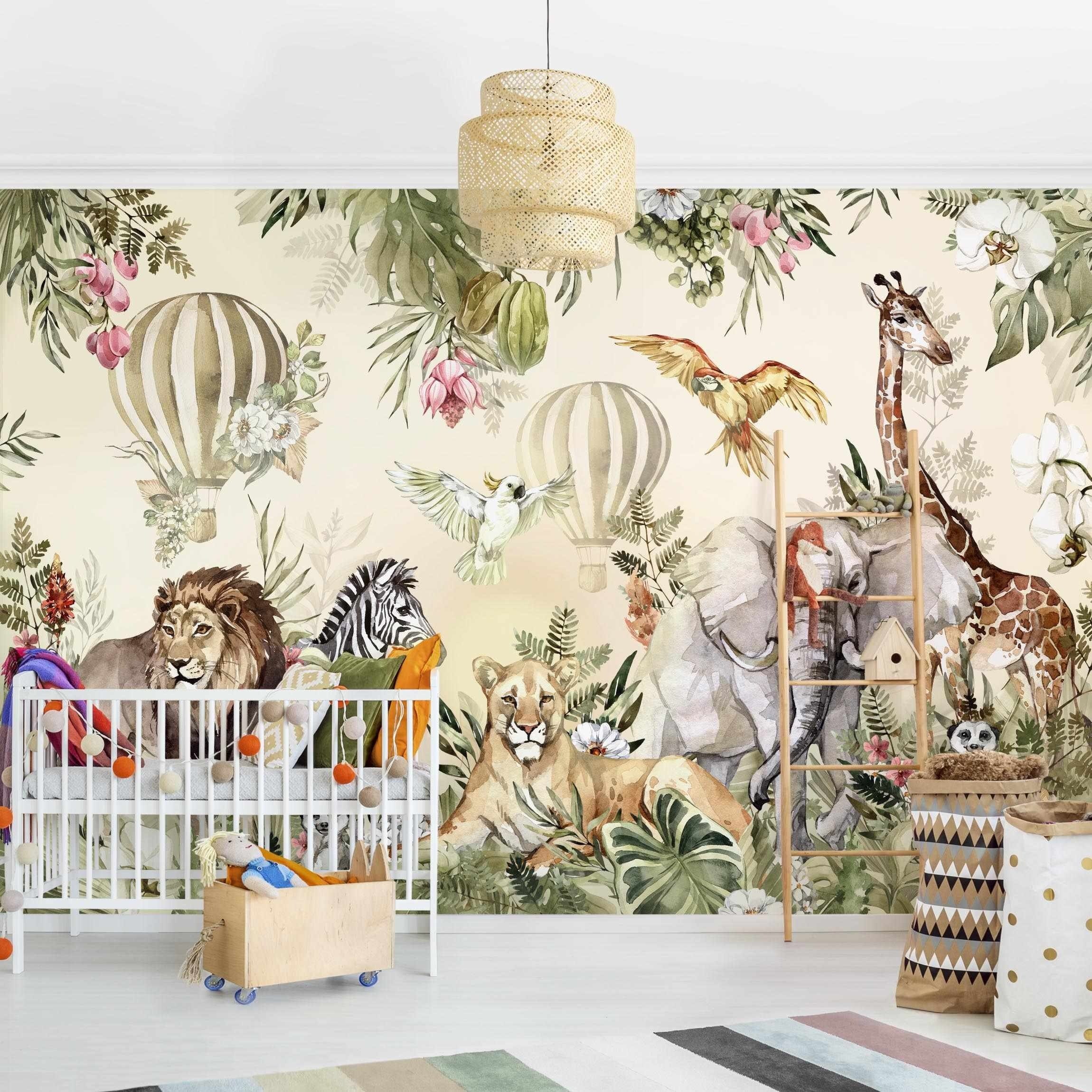 Bilderdepot24 Kindertapete Kinderzimmer Aquarell Tiere Ballon Dschungel Kinder Wanddeko, Glatt, Matt, (Inklusive Gratis-Kleister oder selbstklebend), Mädchenzimmer Jungenzimmer Babyzimmer Bildtapete Fototapete Wandtapete
