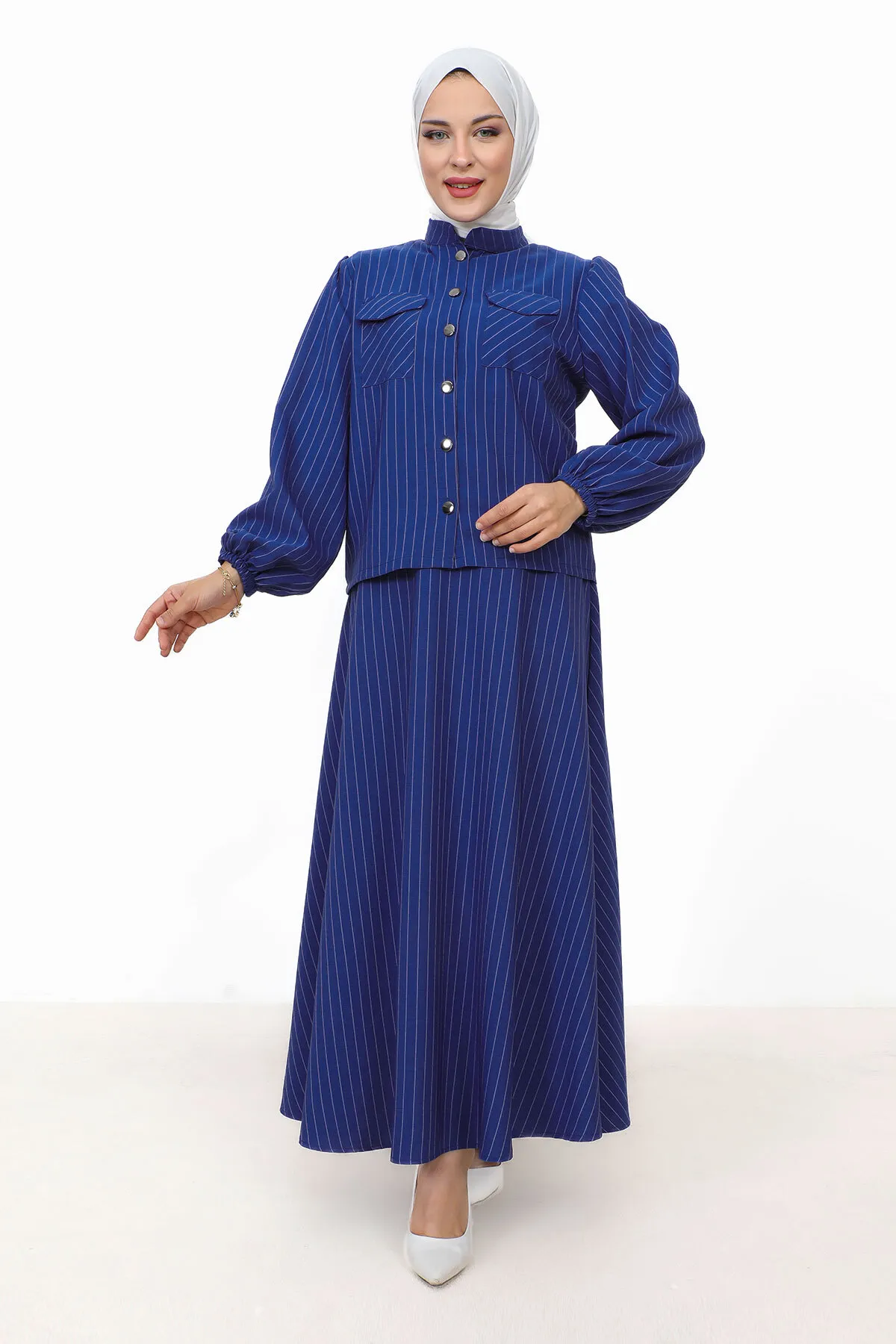 Tesettür Dünyası  Hira gestreifter Rockanzug TSD231203 Saks Blue