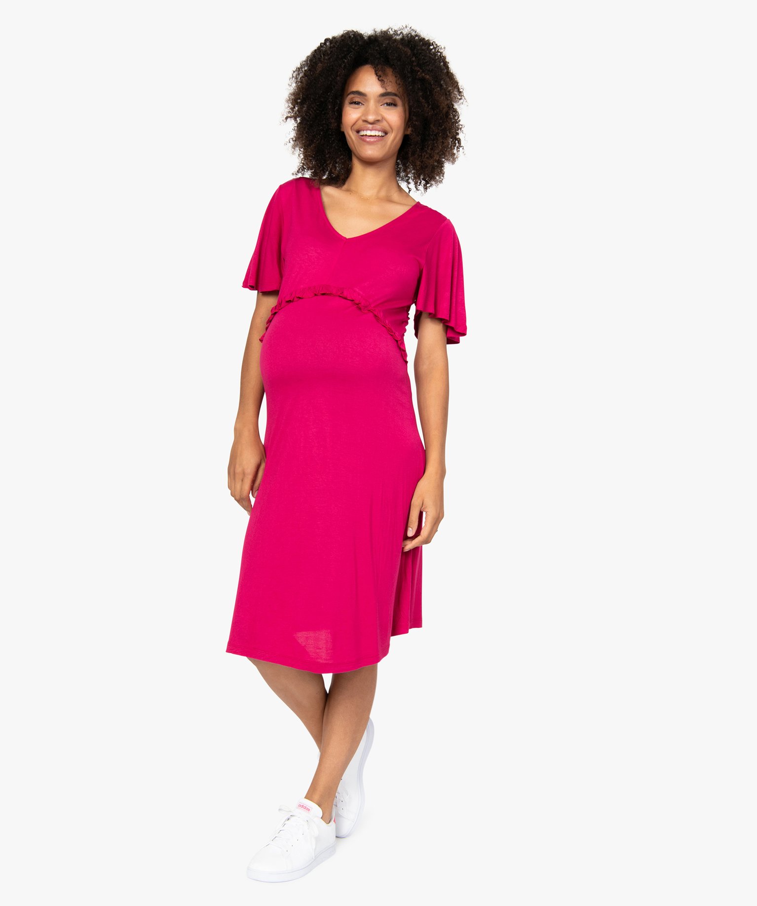 Robe de grossesse col V avec bande froncée rose | GEMO