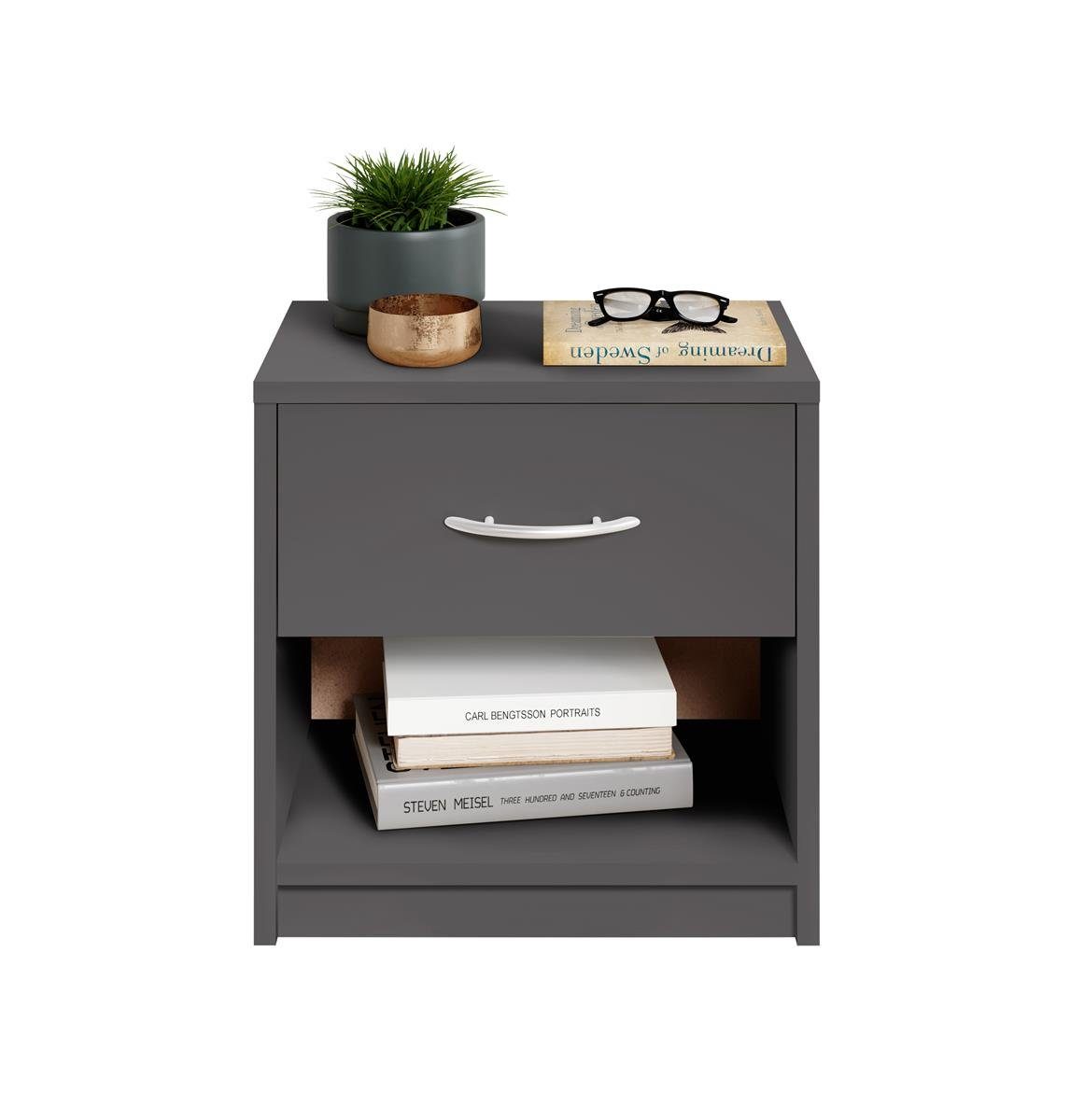 möbelando Nachtkommode Bettine, Nachttisch Graphit - Schlichter Nachtschrank mit einer Schublade passend zu jedem Bett & Schlafzimmer - 39 x 41 x 28 cm (B/H/T)