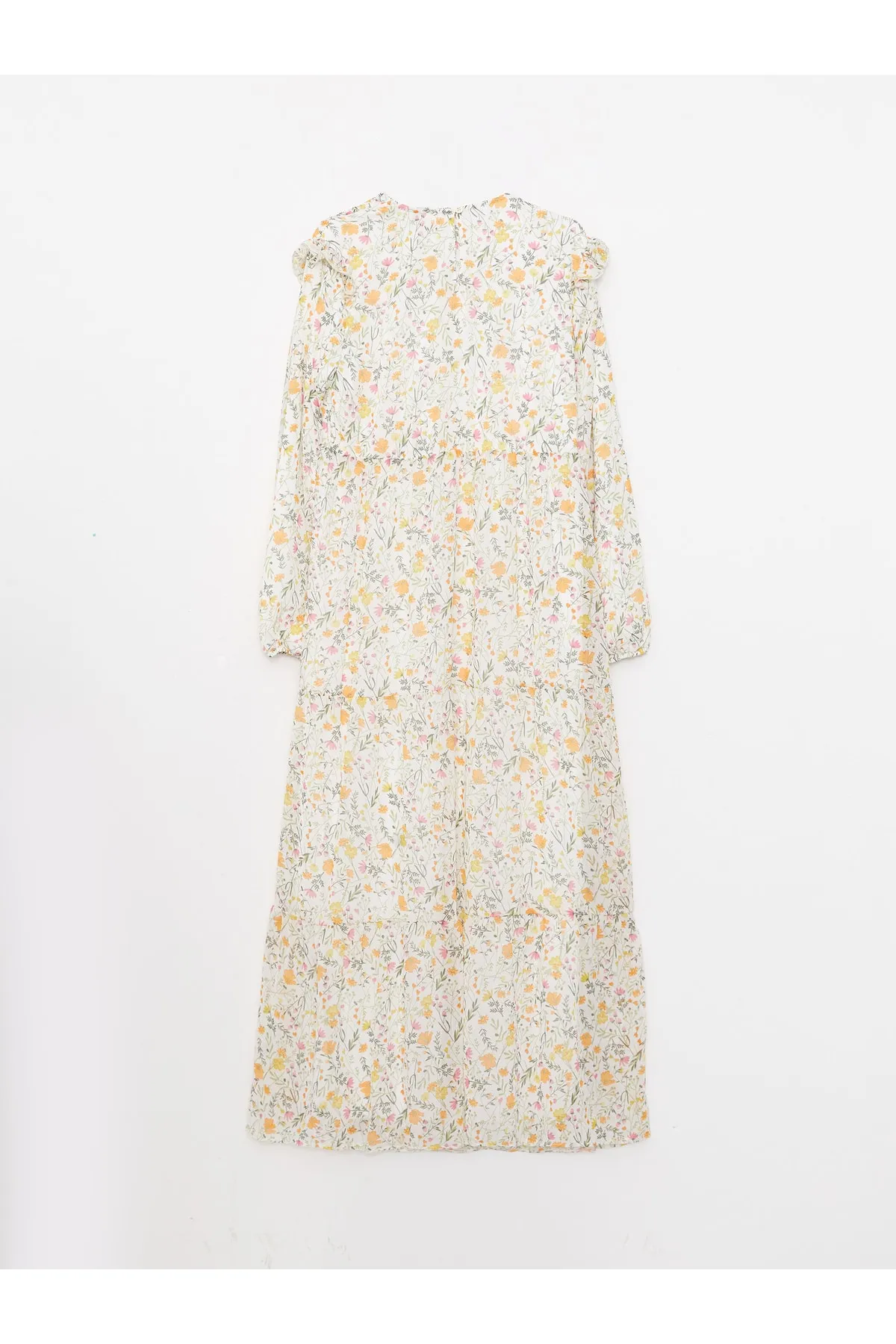 LC Waikiki  Geblümtes Chiffon-Damenkleid mit Rundhalsausschnitt und langen Ärmeln
