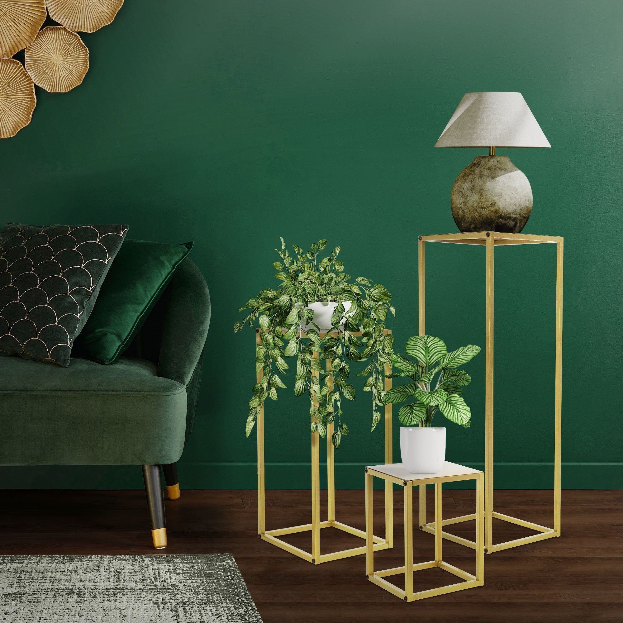 ML-DESIGN Blumenständer Deko Blumenhocker Blumensäule Säulentisch Pflanzenständer (3er Set), 3er Set Metall Gold 22x22x30/26x26x60/30x30x90cm